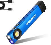 Blue flat pocket flashlight with circular LED head and side button, WORKPRO.
