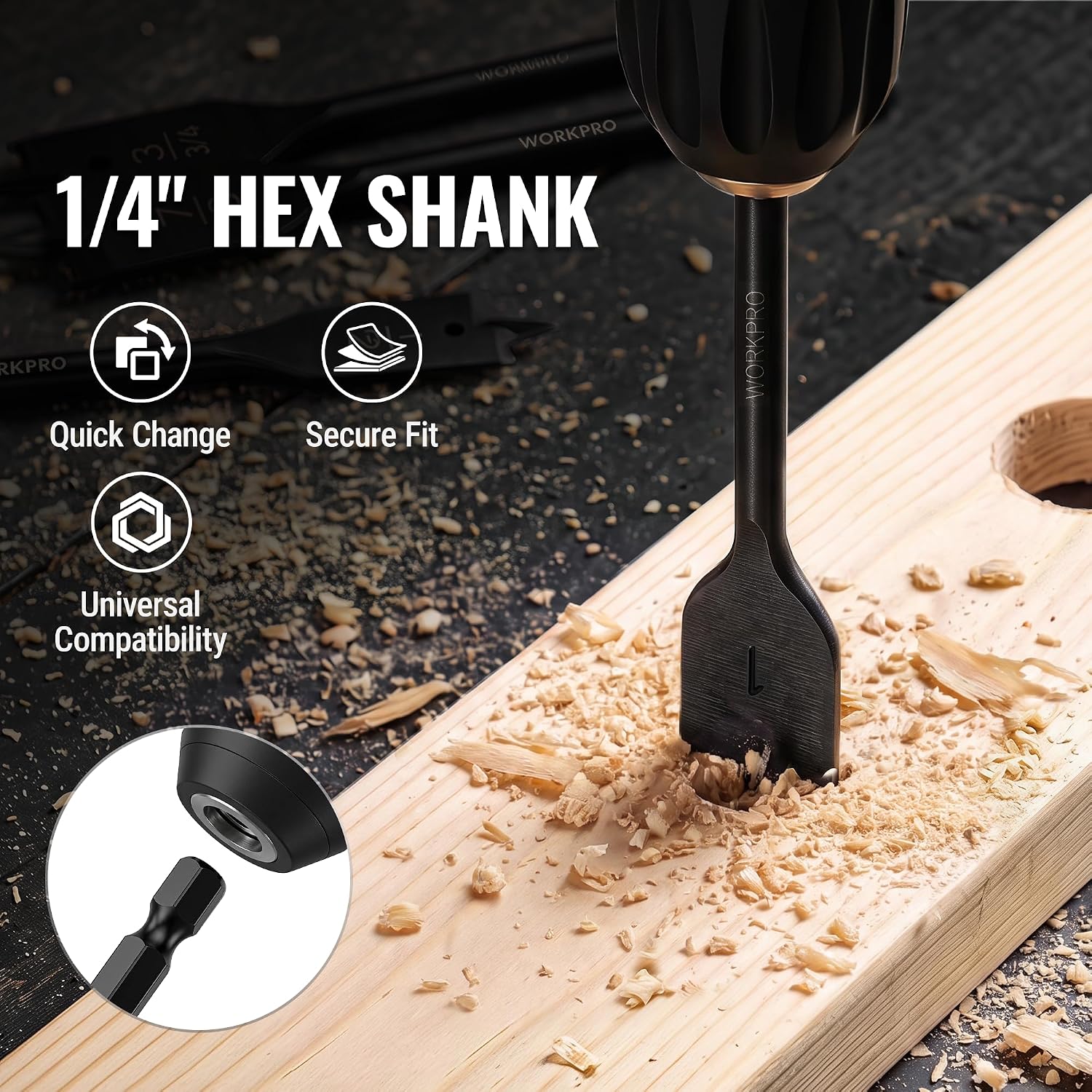 WORKPRO black-finish steel spade drill bit set, 38 inch to 1 inch, shown drilling wood with hex shank