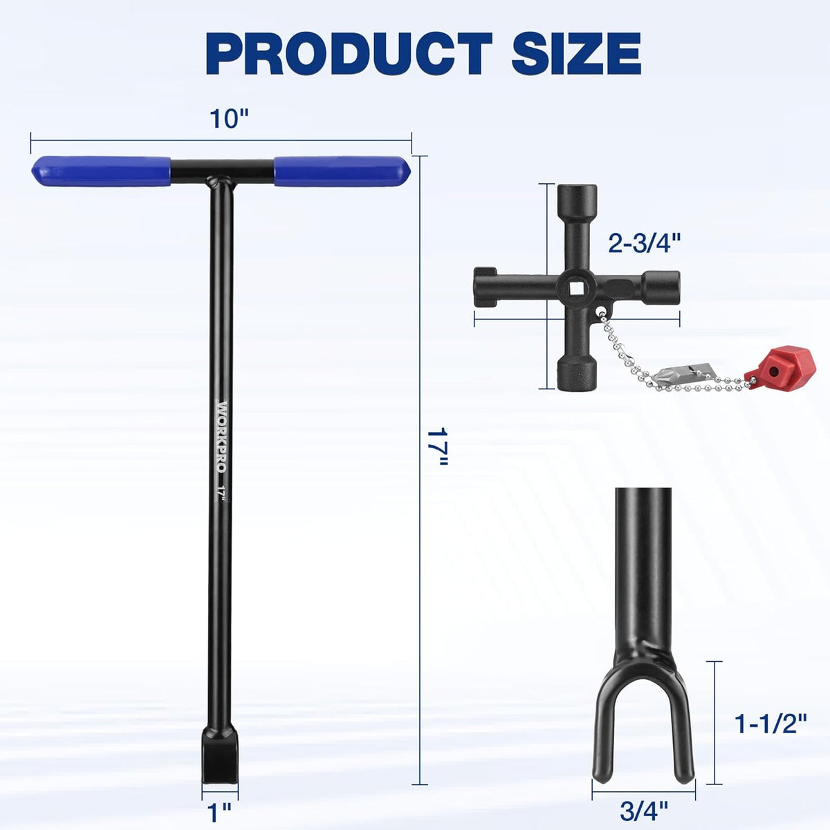Steel water meter key with blue grips, chain, and 4-way head with size guide