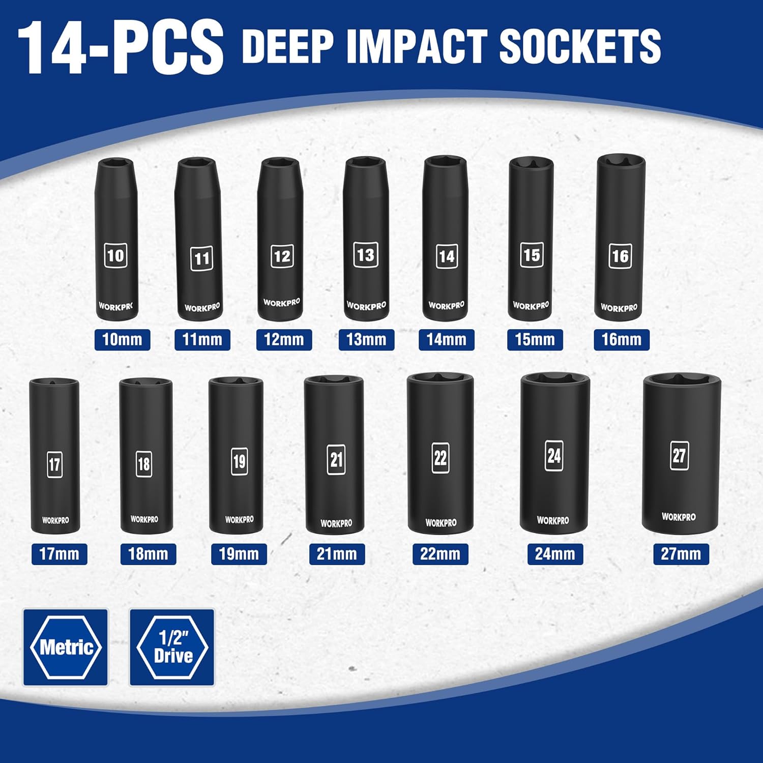 14-piece deep impact socket set, metric 10–27mm, black sockets with size labels
