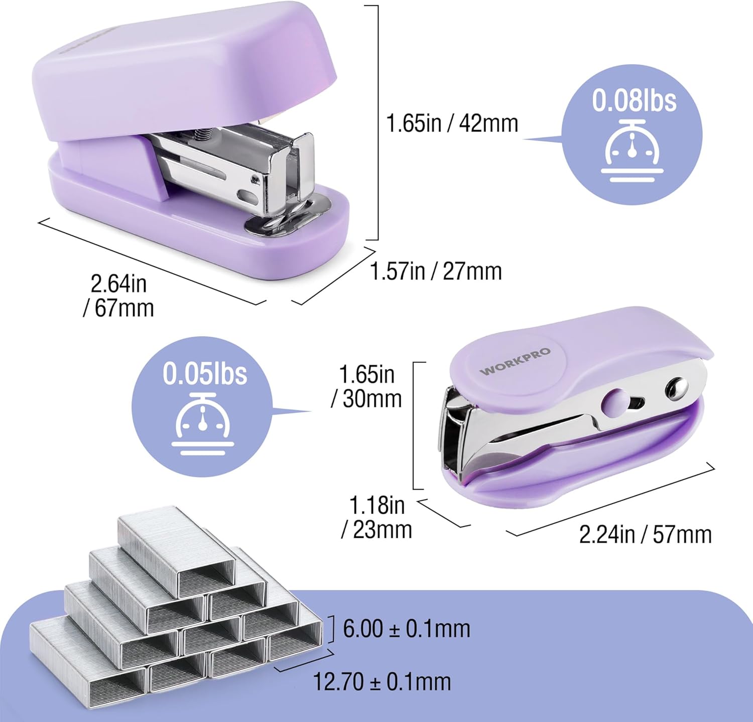 Compact purple mini stapler with small metal staples, shown with size and weight markers