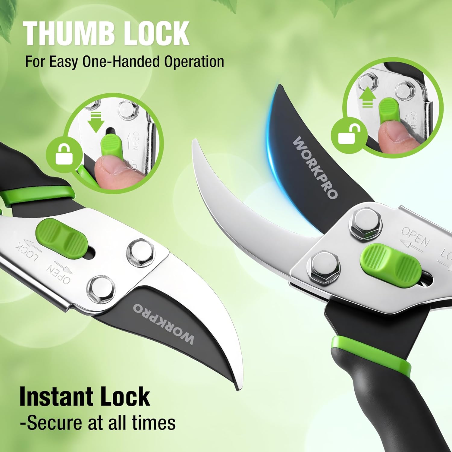 Bypass pruning shears with instant lock thumb switch and green handle accents