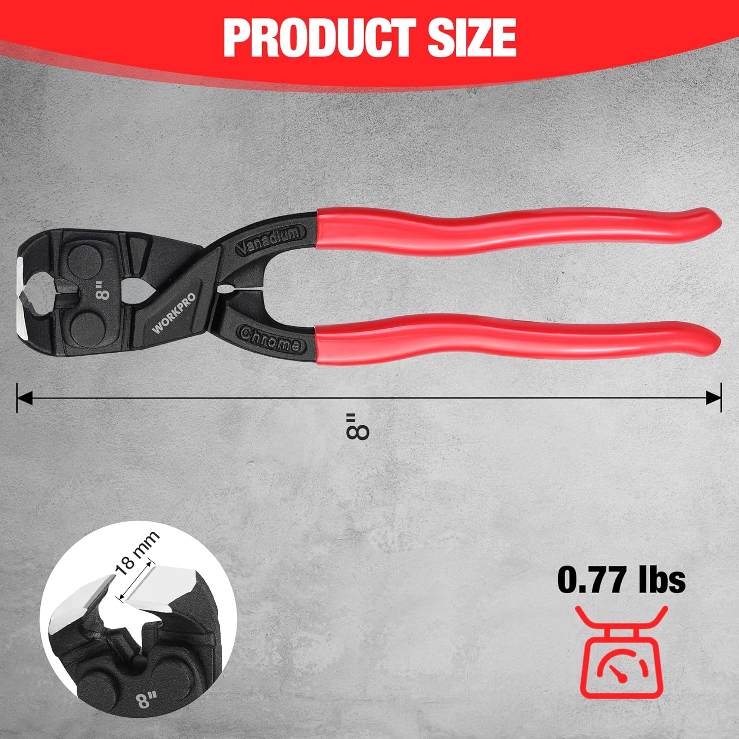 8-inch nail puller pliers size view showing red handles and black jaws