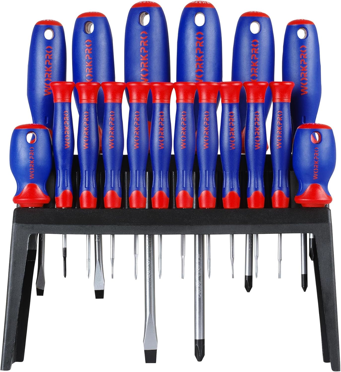 18-piece screwdriver set with blue-and-red handles on black rack