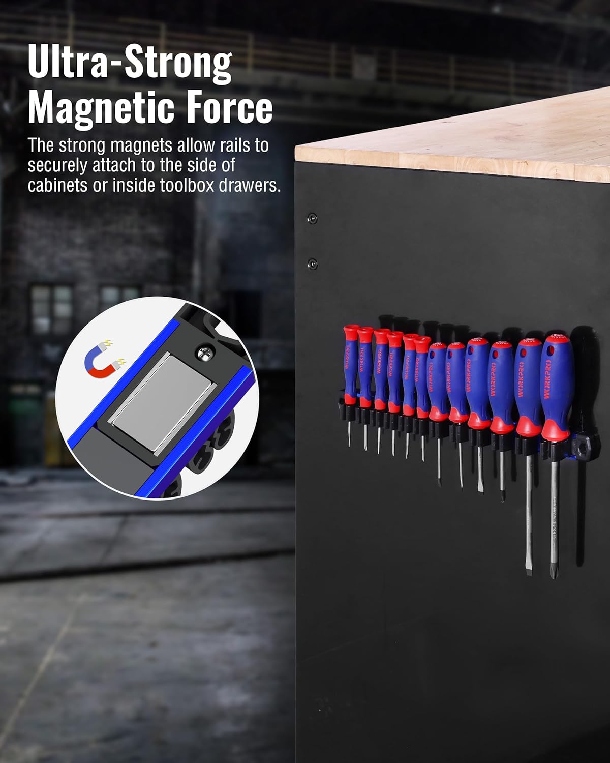 Blue aluminum magnetic tool organizer rack with 24 slots for screwdrivers and wrenches