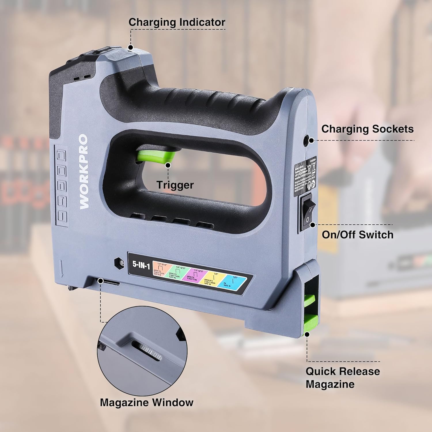 Cordless electric staple gun with trigger and on/off switch, grey and black body