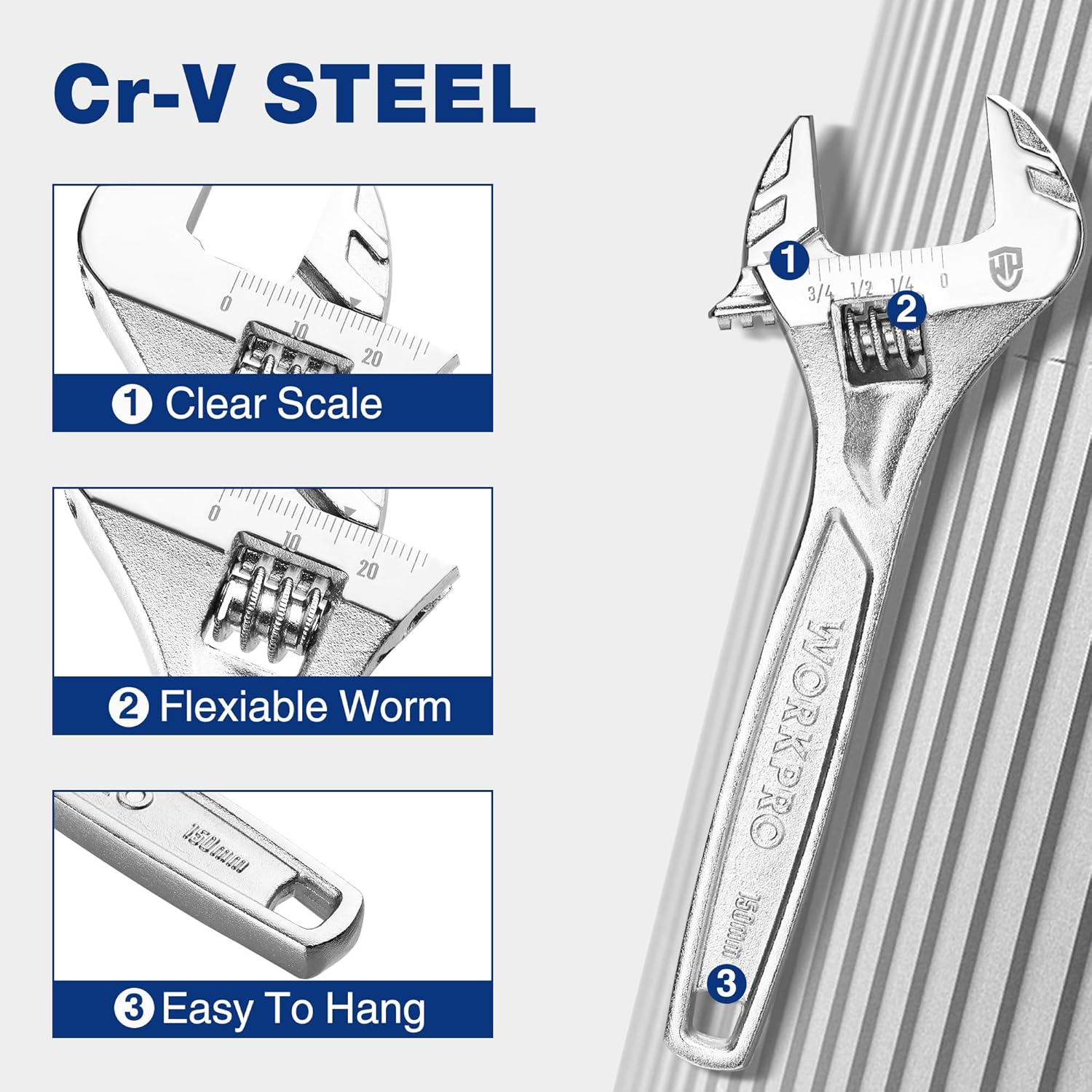 Adjustable wrench in chrome steel finish with clear measurement scale on head