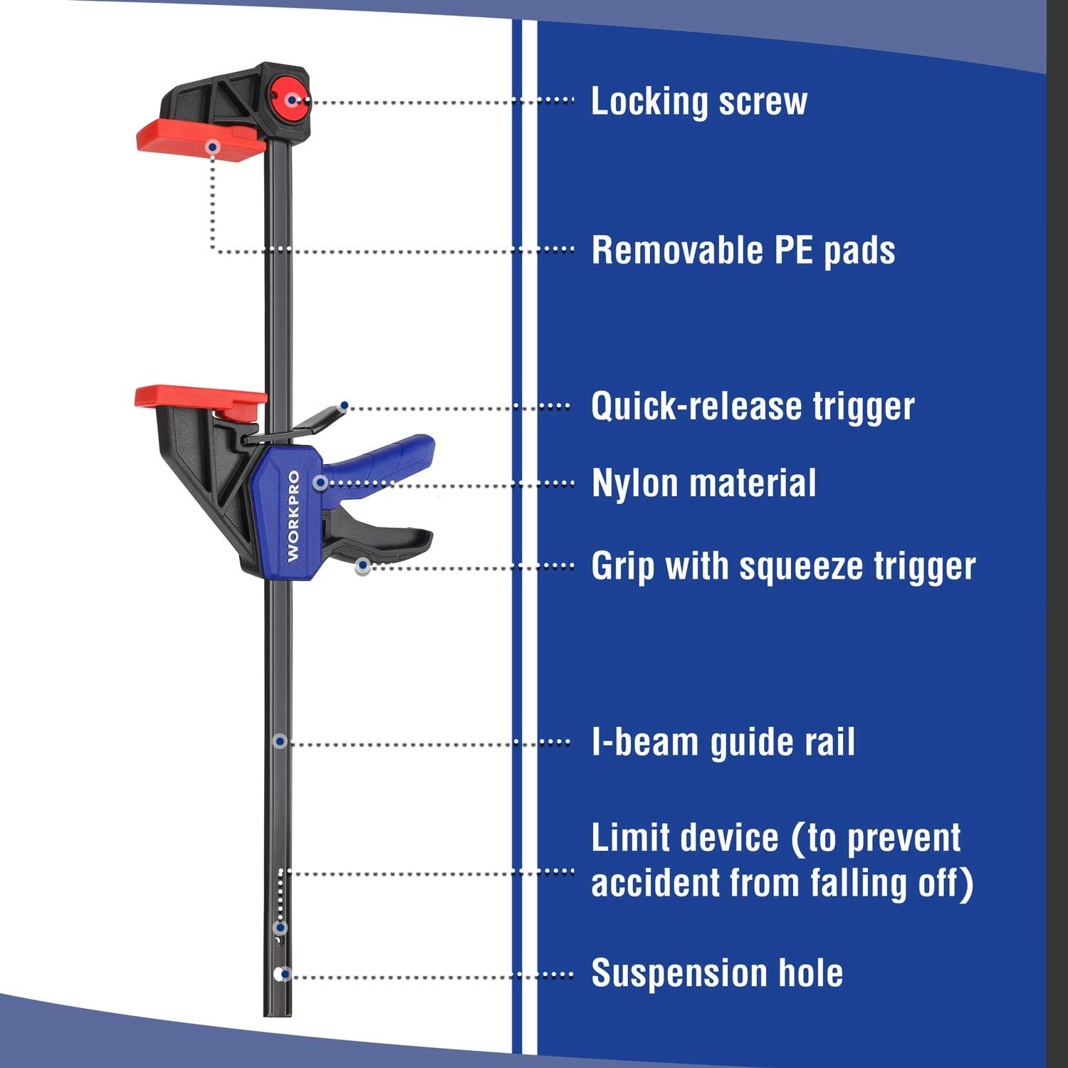 WORKPRO F clamp with locking screw, removable PE pads, quick-release trigger