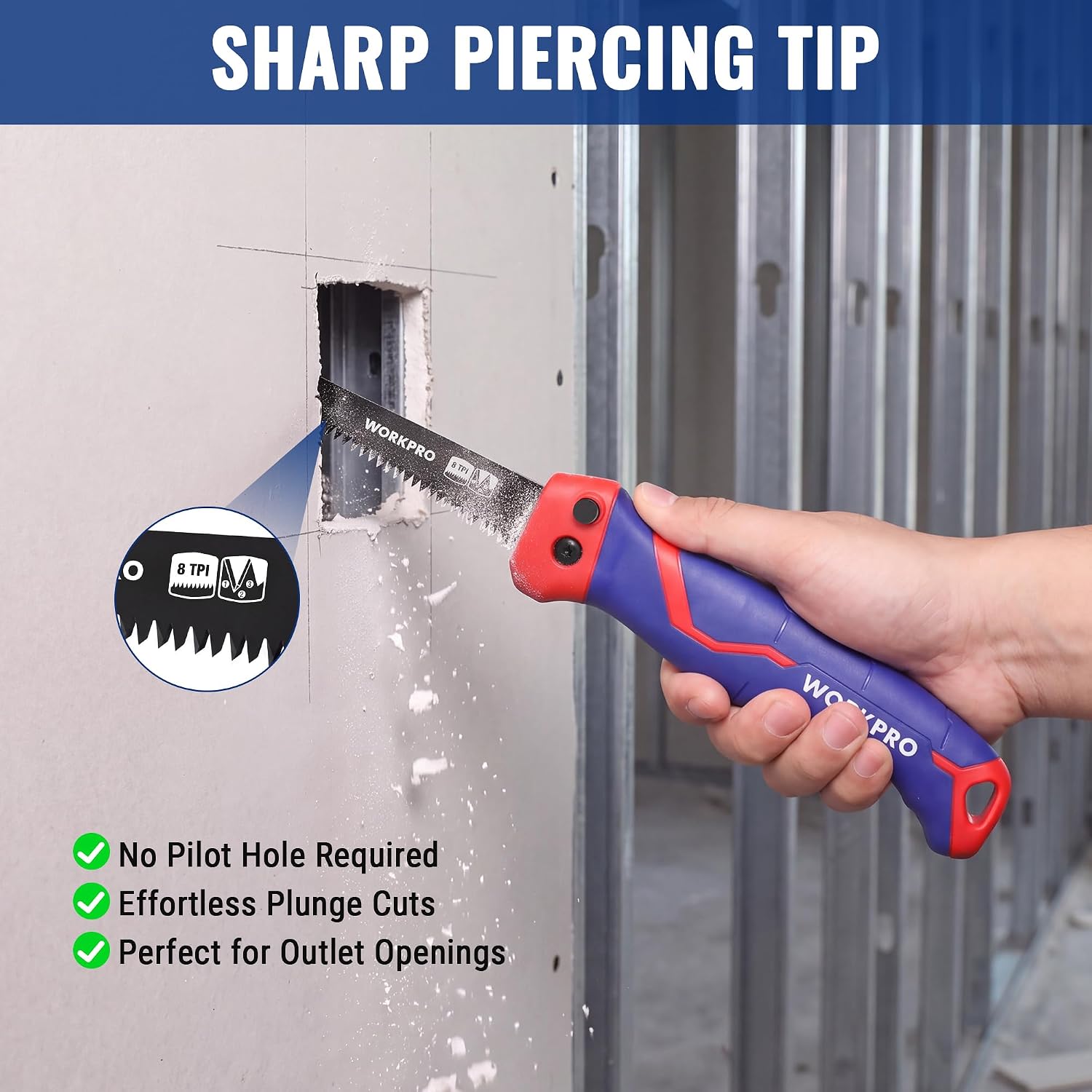 WORKPRO folding drywall saw with metal blade, blue and red handle, 8 TPI triple-ground teeth for cutting drywall