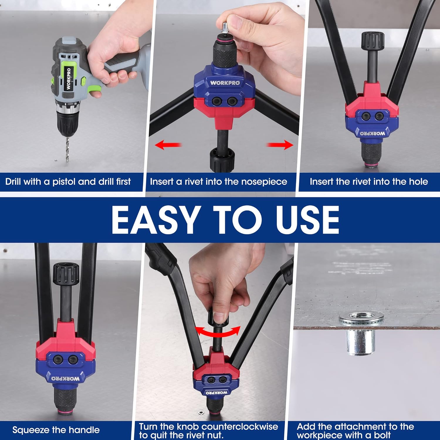 Red-and-blue rivet nut tool shown for drilling and inserting rivets