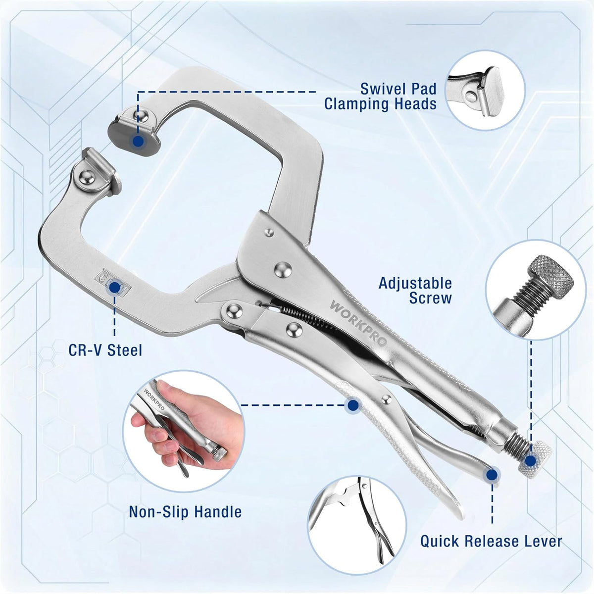 Locking C-clamp diagram with swivel pad heads, adjustable screw, non-slip handle, quick lever