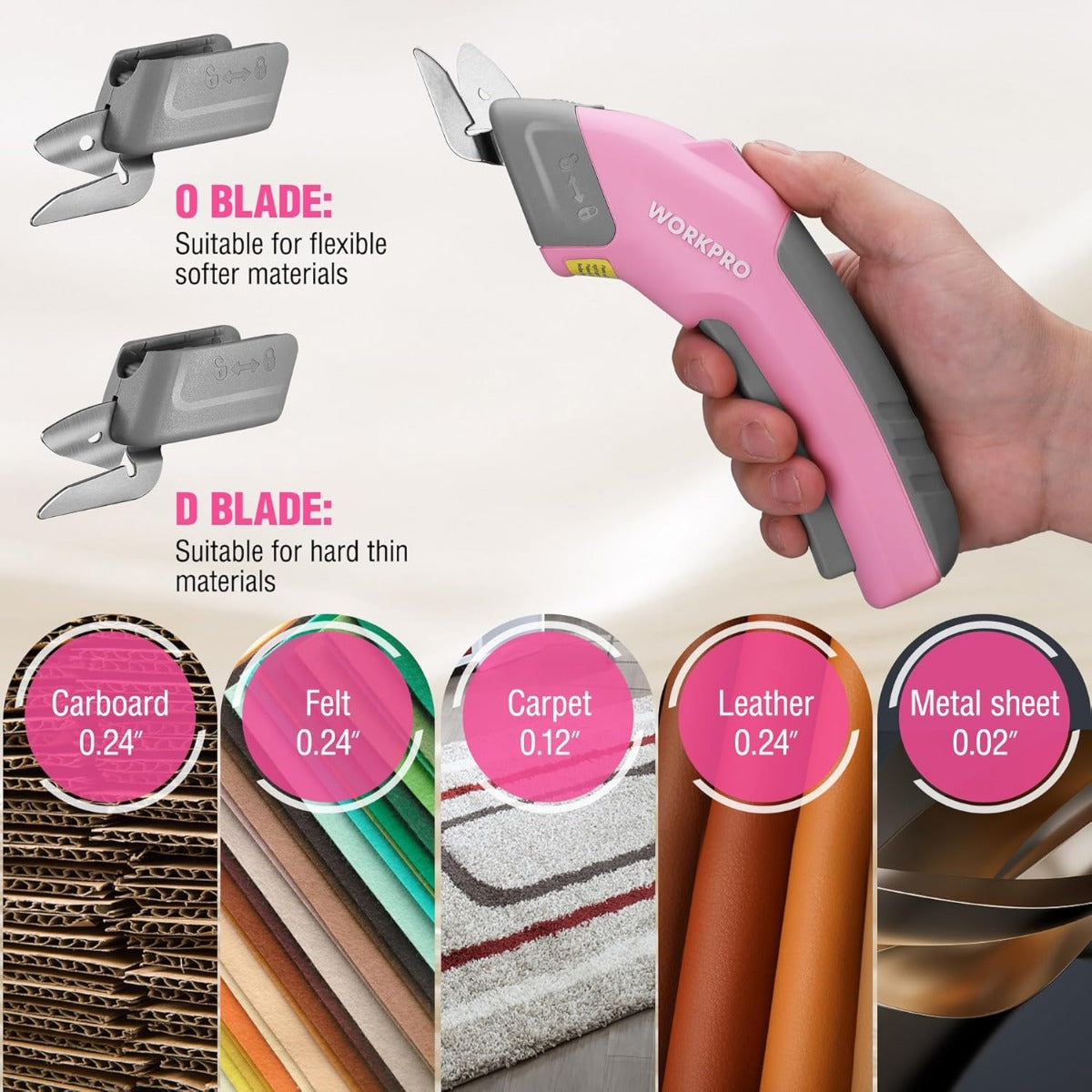Pink and gray cordless electric scissors with D and O blades, shown for different materials