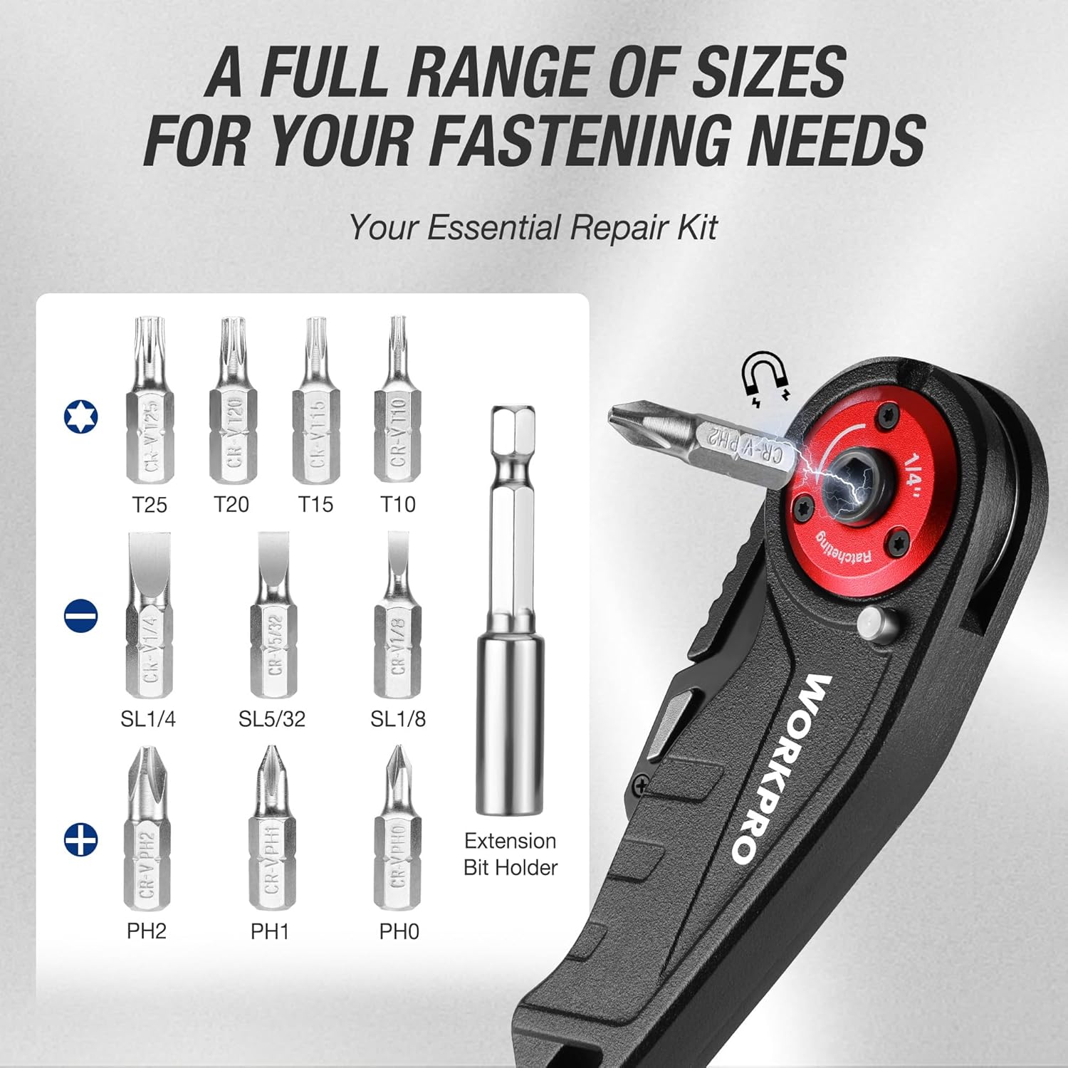 WORKPRO ratcheting utility knife with bit set and extension bit holder