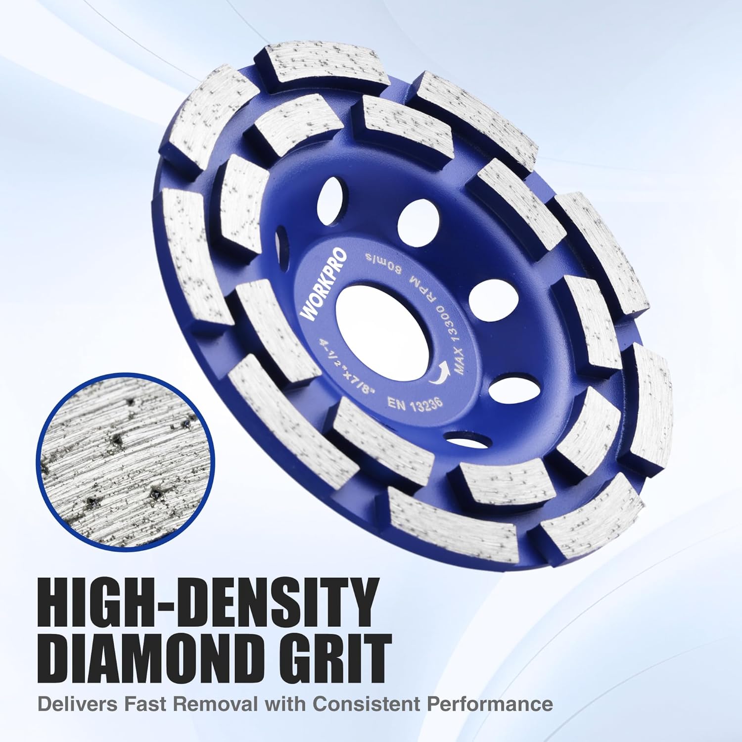 Diamond cup grinding wheel with blue base and white segmented diamond blades