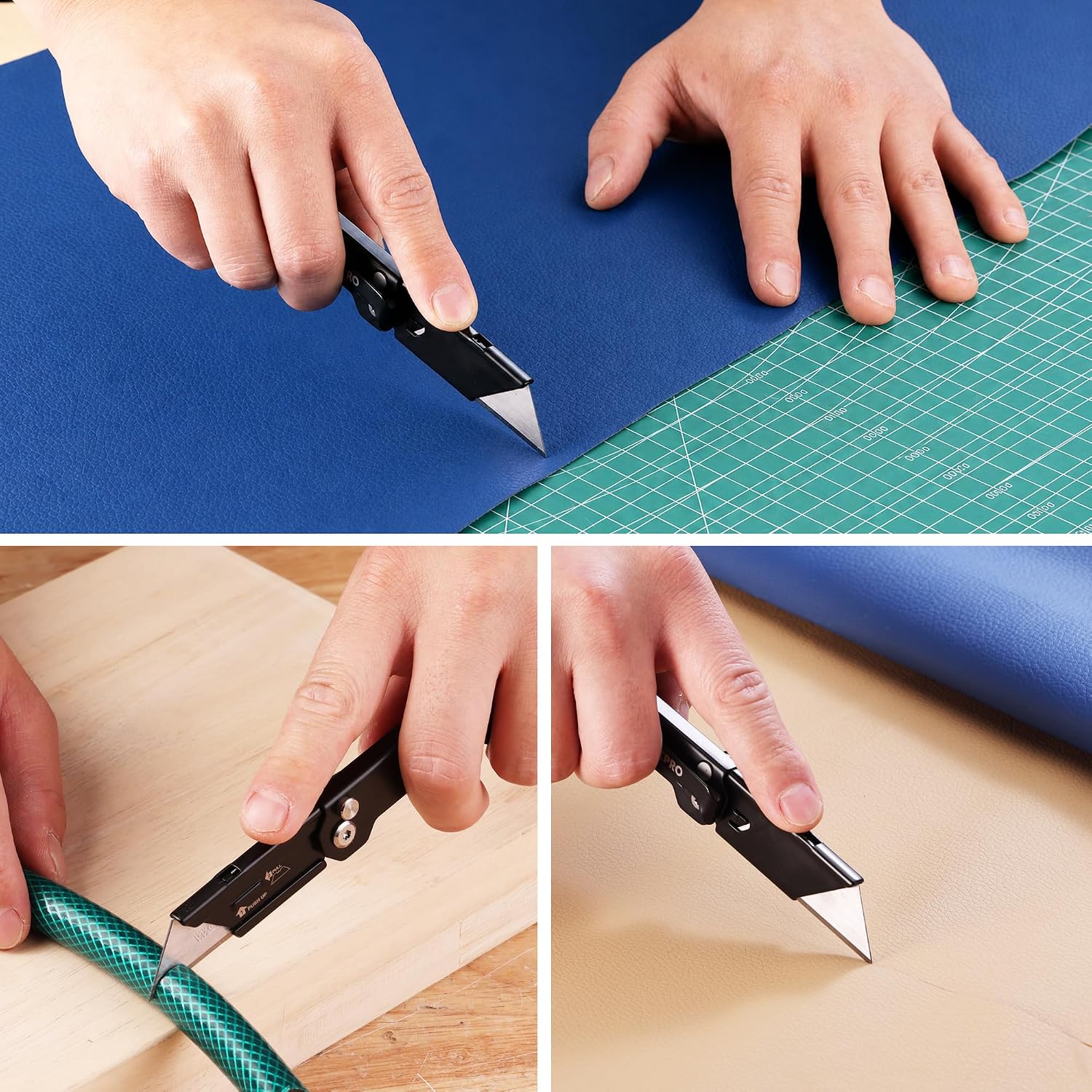 WORKPRO folding utility knife cutting materials on a work surface, black handle