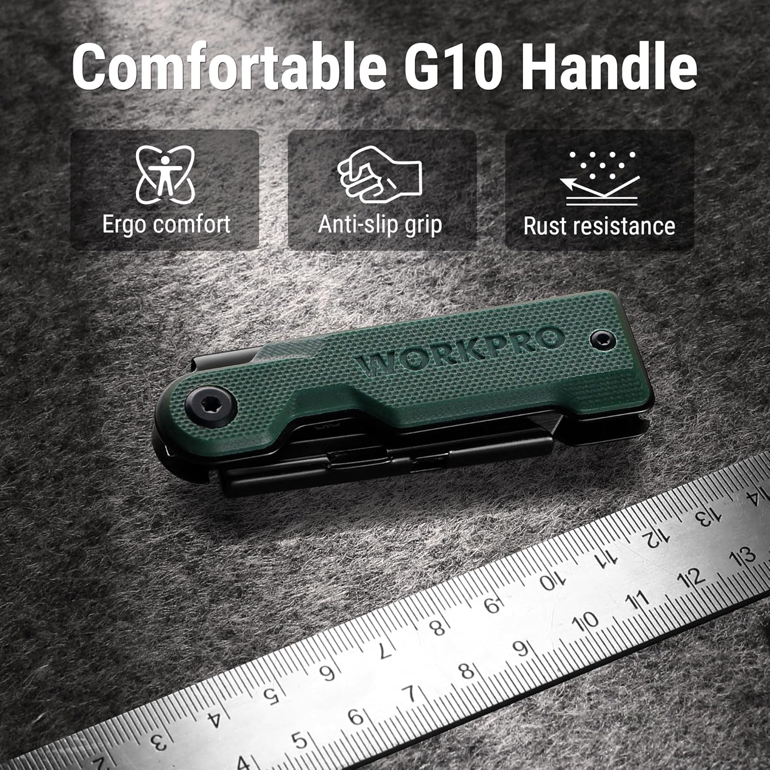 Green folding utility knife with textured G10 handle and compact blade