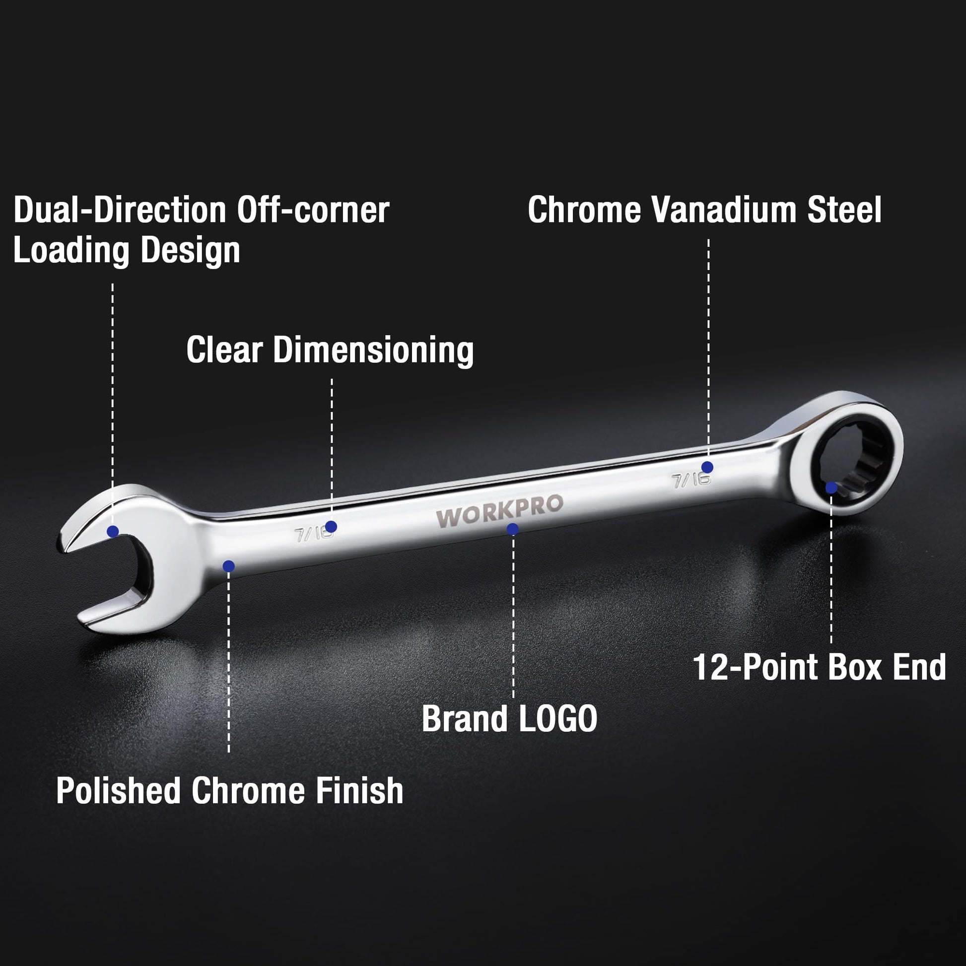 Multi-size ratcheting wrench with polished chrome finish and 12-point box end