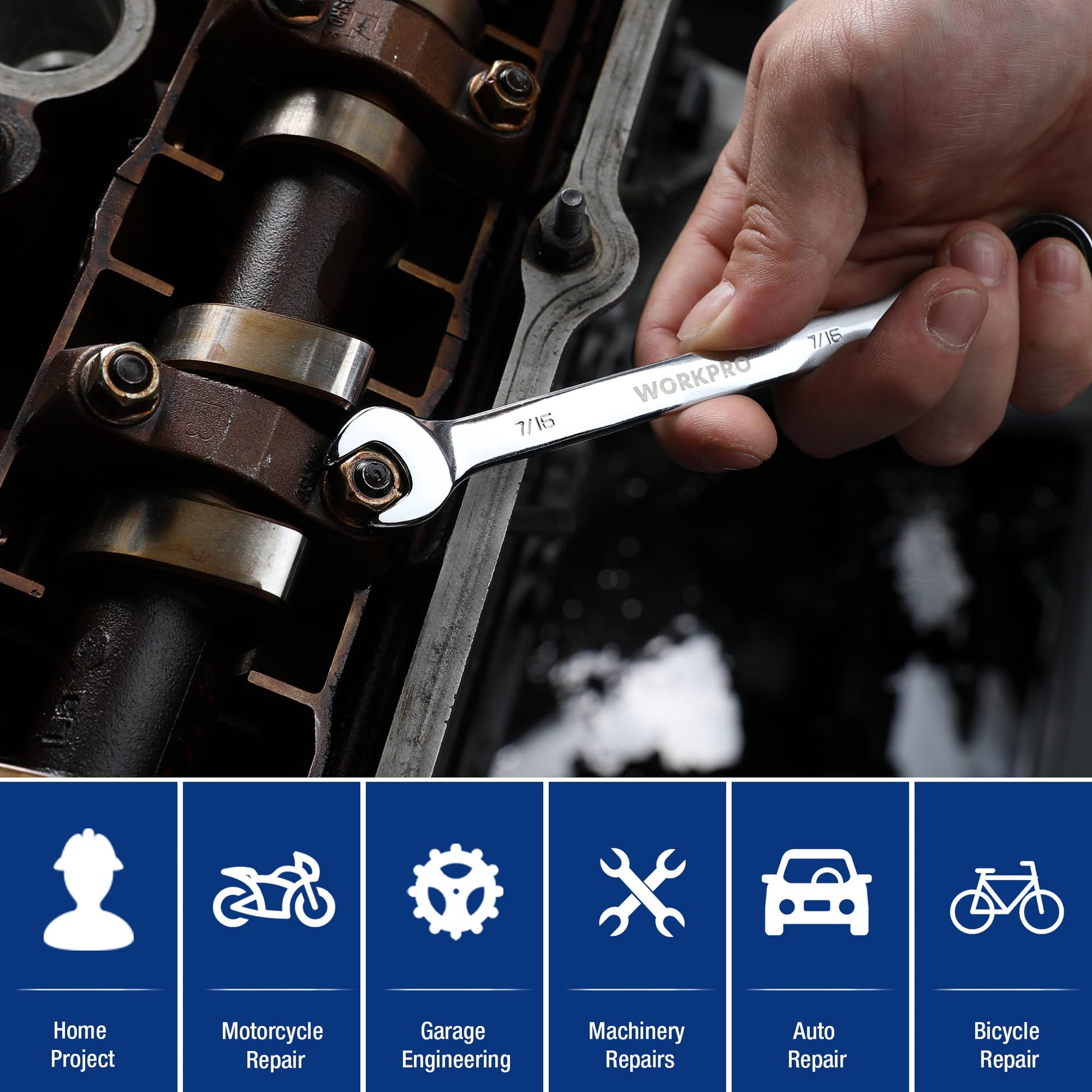 Hand using chrome ratcheting wrench on engine component, multi-size SAE