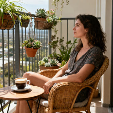 Woman relaxing on a wicker chair on a balcony with potted plants, warm light, and calm innovation