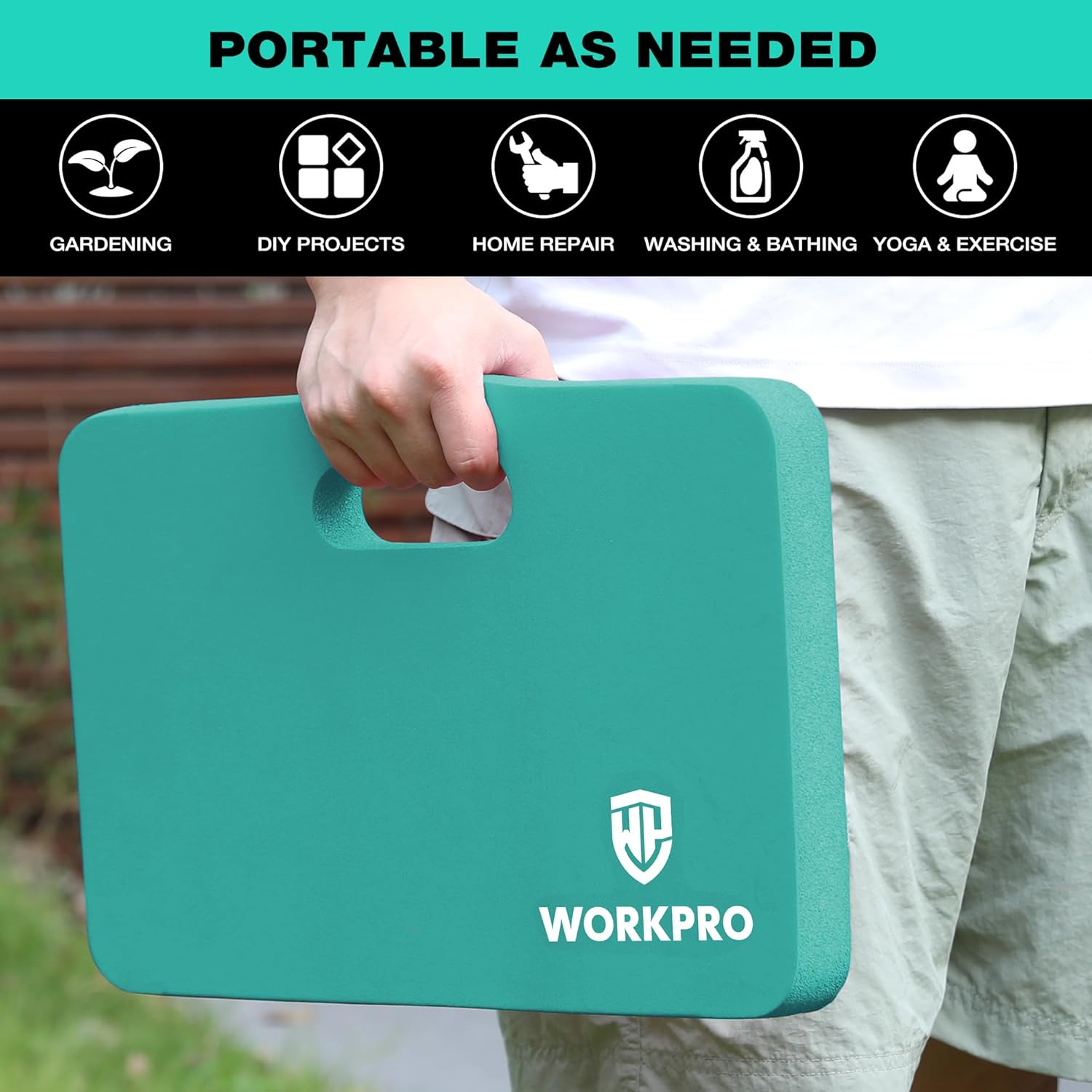 Teal extra-thick foam kneeling pad held in one hand outdoors.