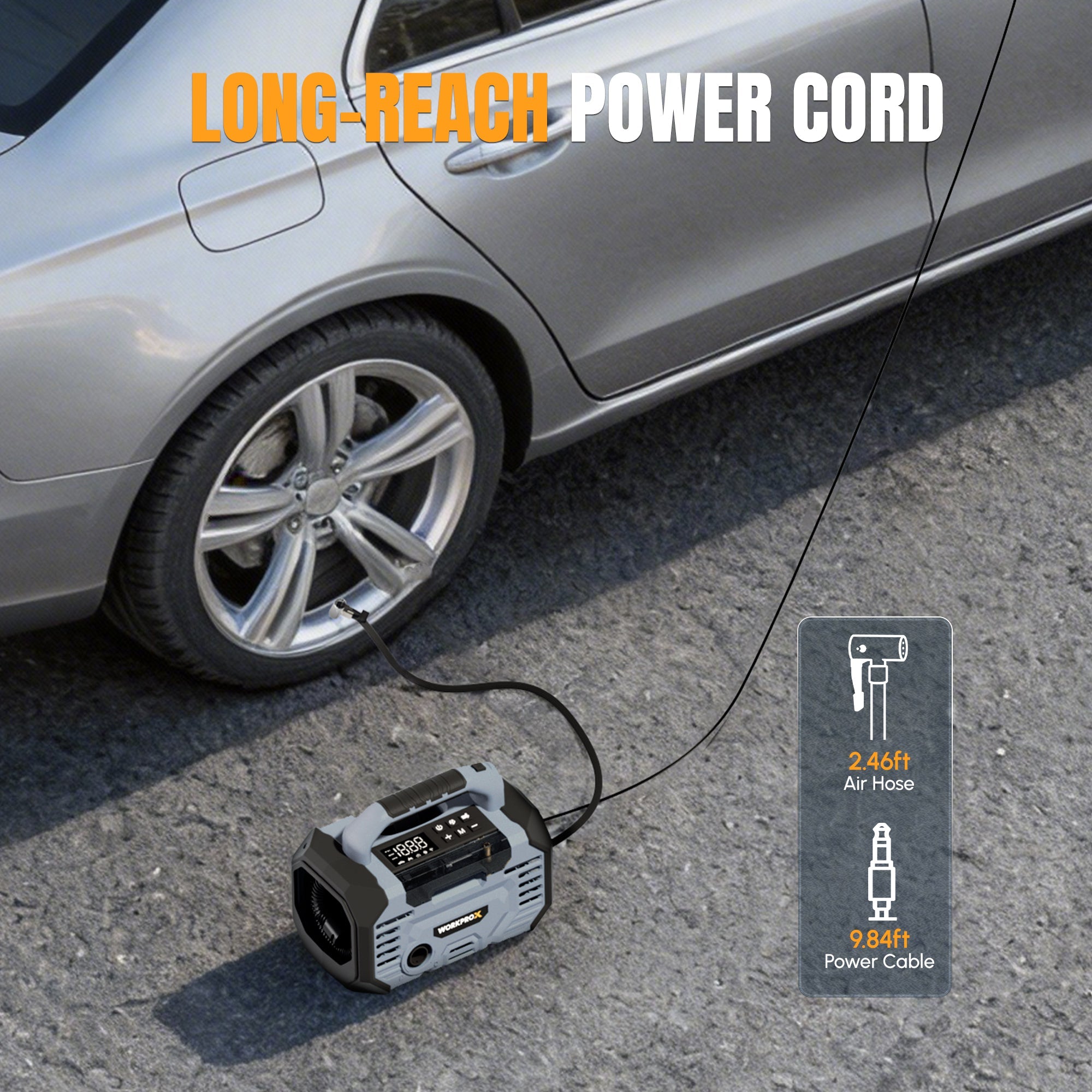 Portable air compressor with long power cable and attached air hose connection.