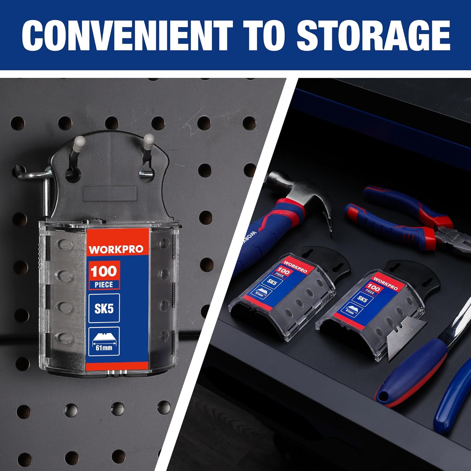 Utility knife blade dispenser canister with SK5 blades and a blue-handled cutter