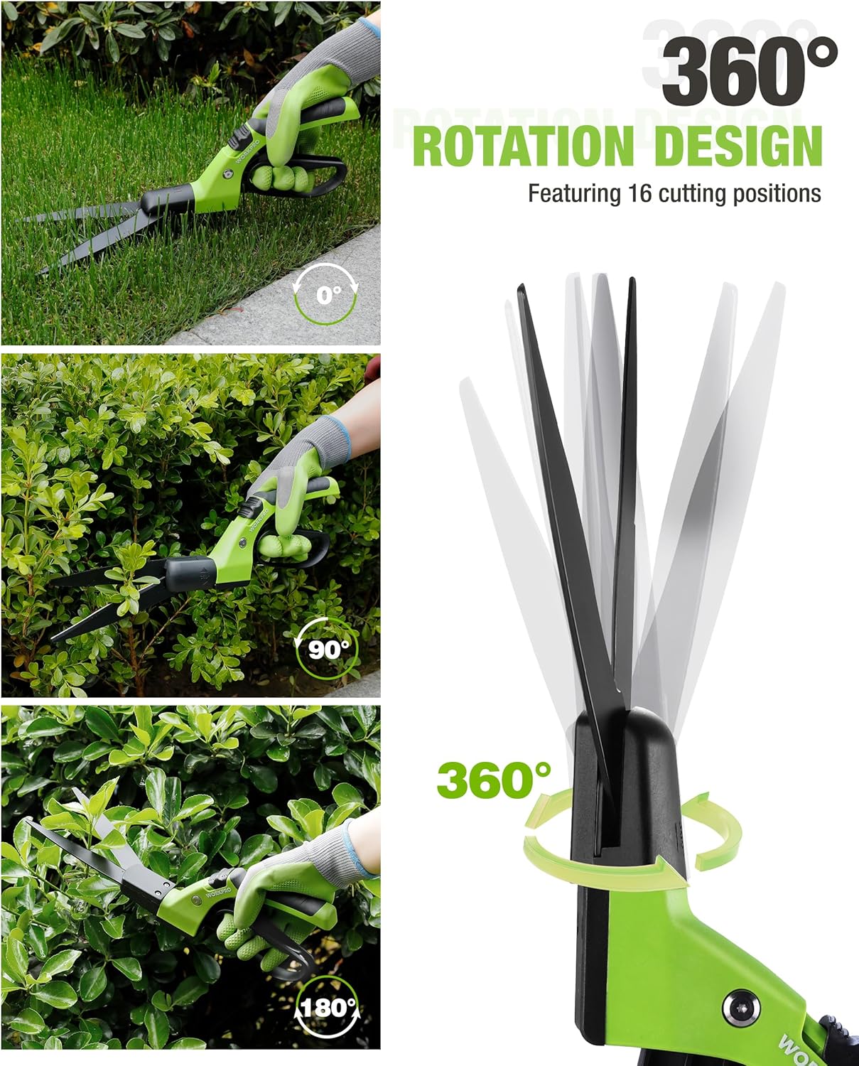 WORKPRO grass shears with lime-green handle and 360-degree swivel cutting blades