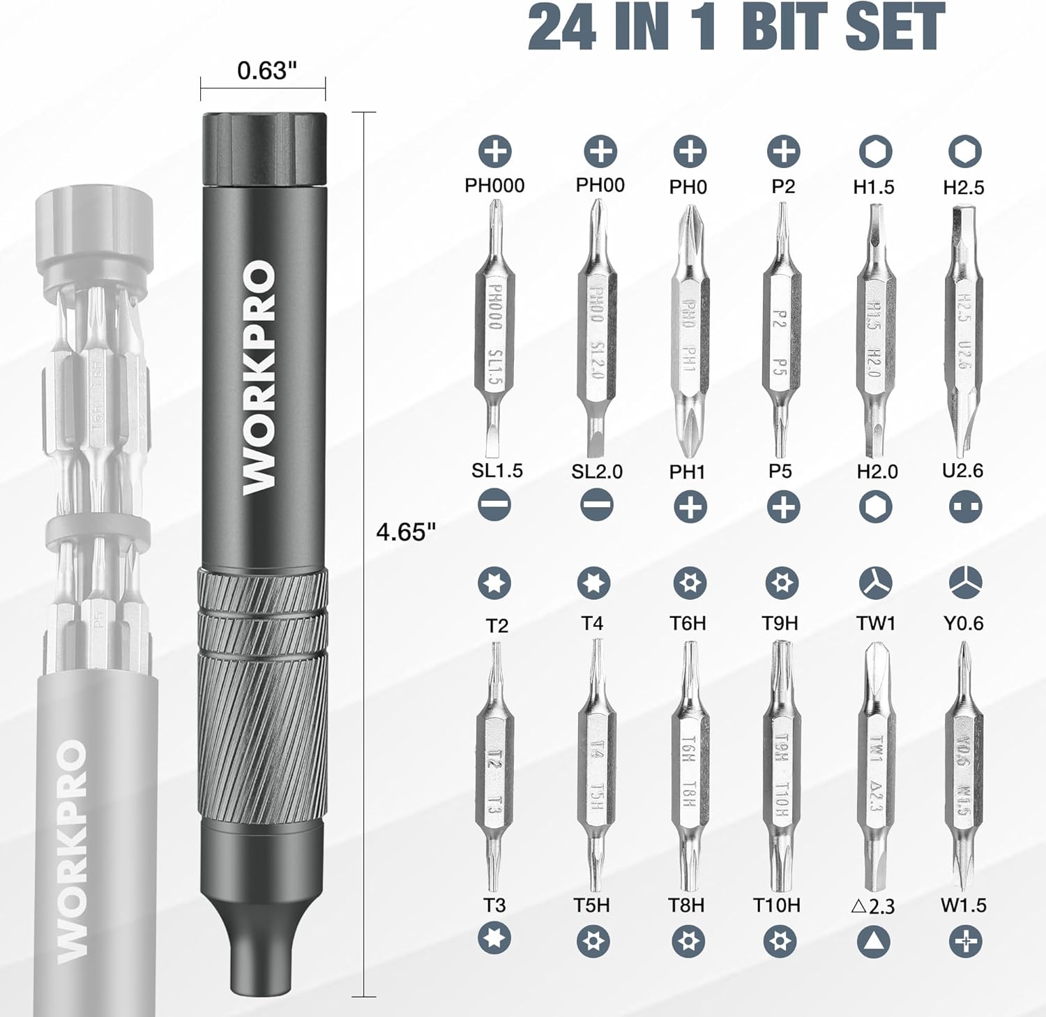 WORKPRO 24-in-1 bit set with 24 precision screwdriver bits shown in a lineup