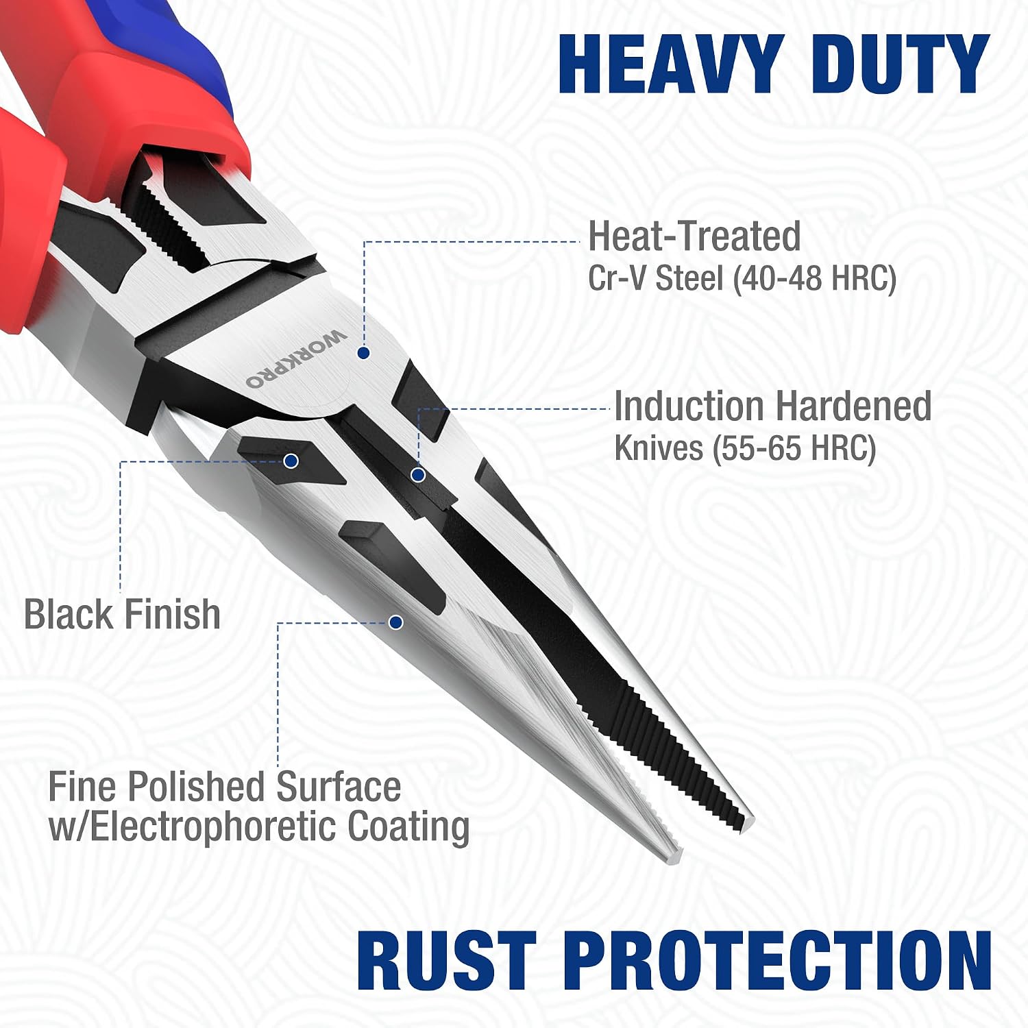Heavy-duty needle-nose pliers with black-finished jaws and polished metal surfaces