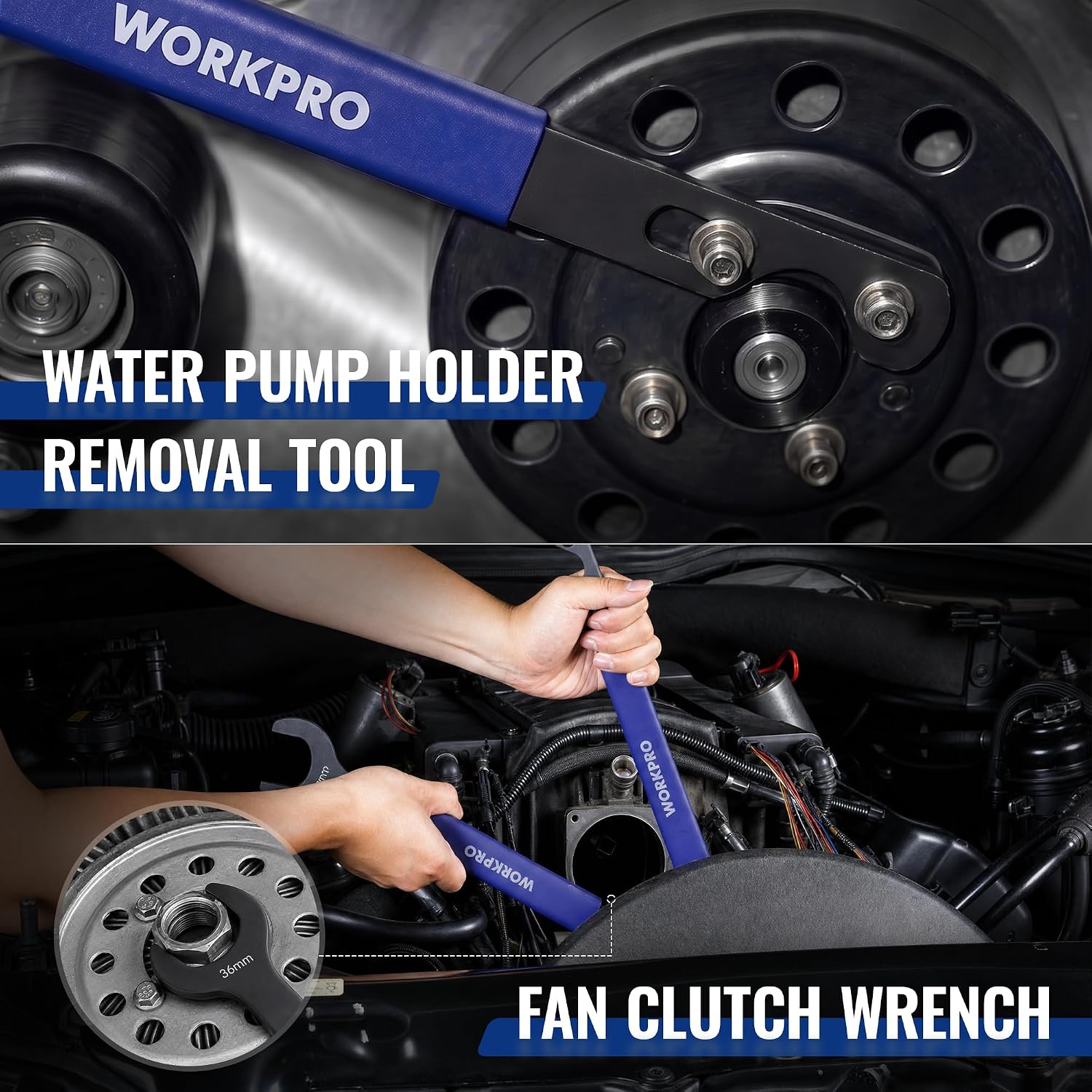 Fan clutch wrench and water pump holder tool on engine front, blue handle