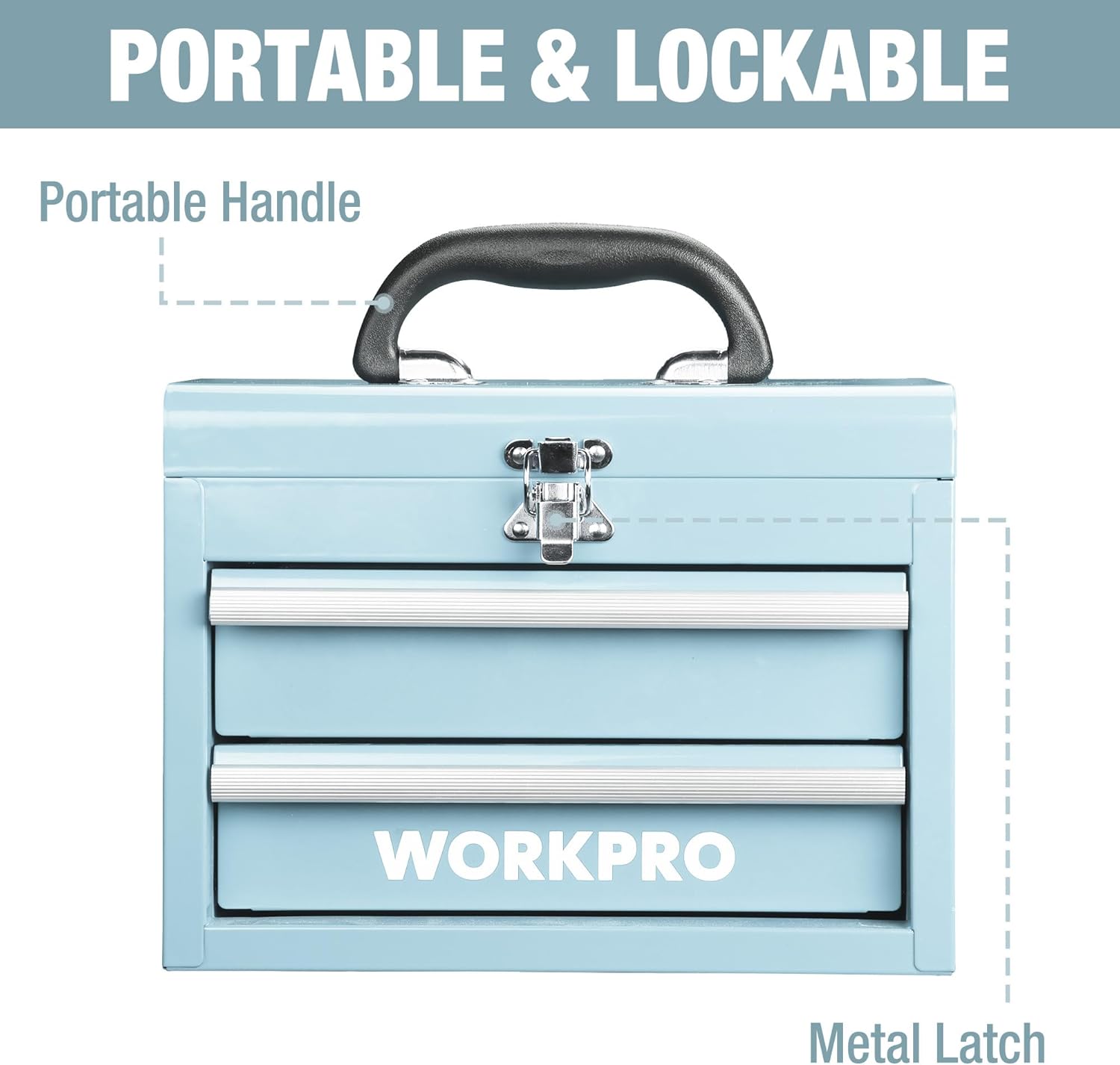 Light blue mini metal tool box with ergonomic carry handle, metal latch, and two front drawers.