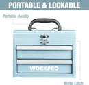 WORKPRO Portable Mini Tool Box, 2 Drawers Metal Tool Chest with Ball Bearing Slides, Top Storage with Latch, Ergonomic Carrying Handle, Mechanic Toolbox with PVC Liners and PP Feet Pads