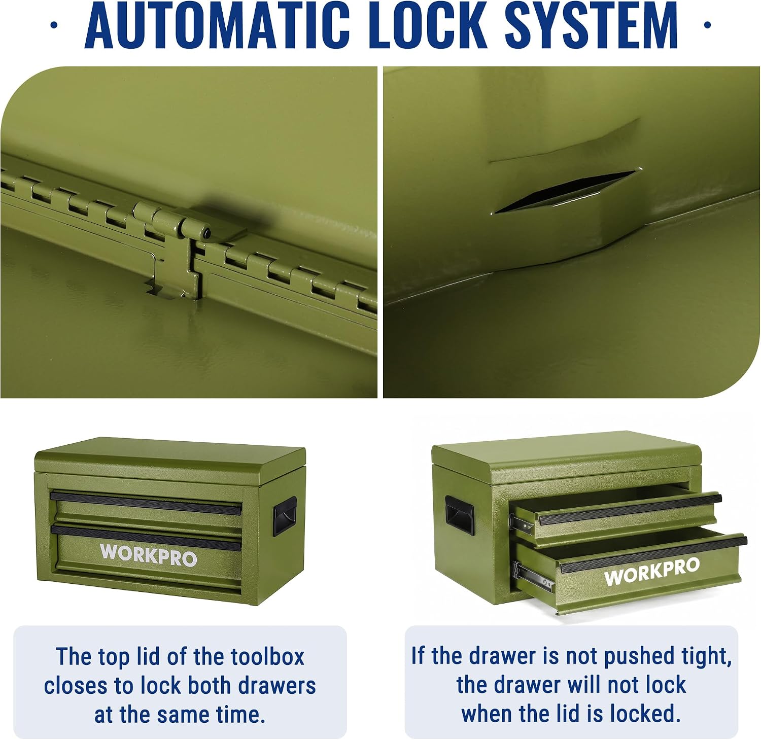 WORKPRO 15-Inch Metal Tool Box with 2 Drawers & Top Storage, Green