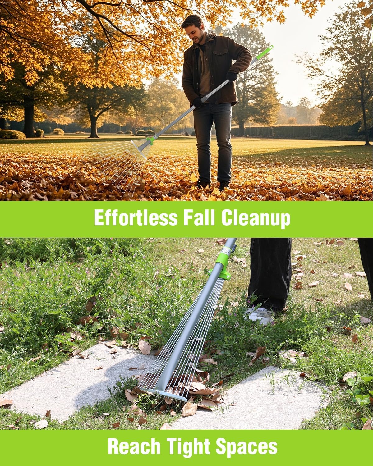 Garden leaf rake with green handle raking leaves across lawn