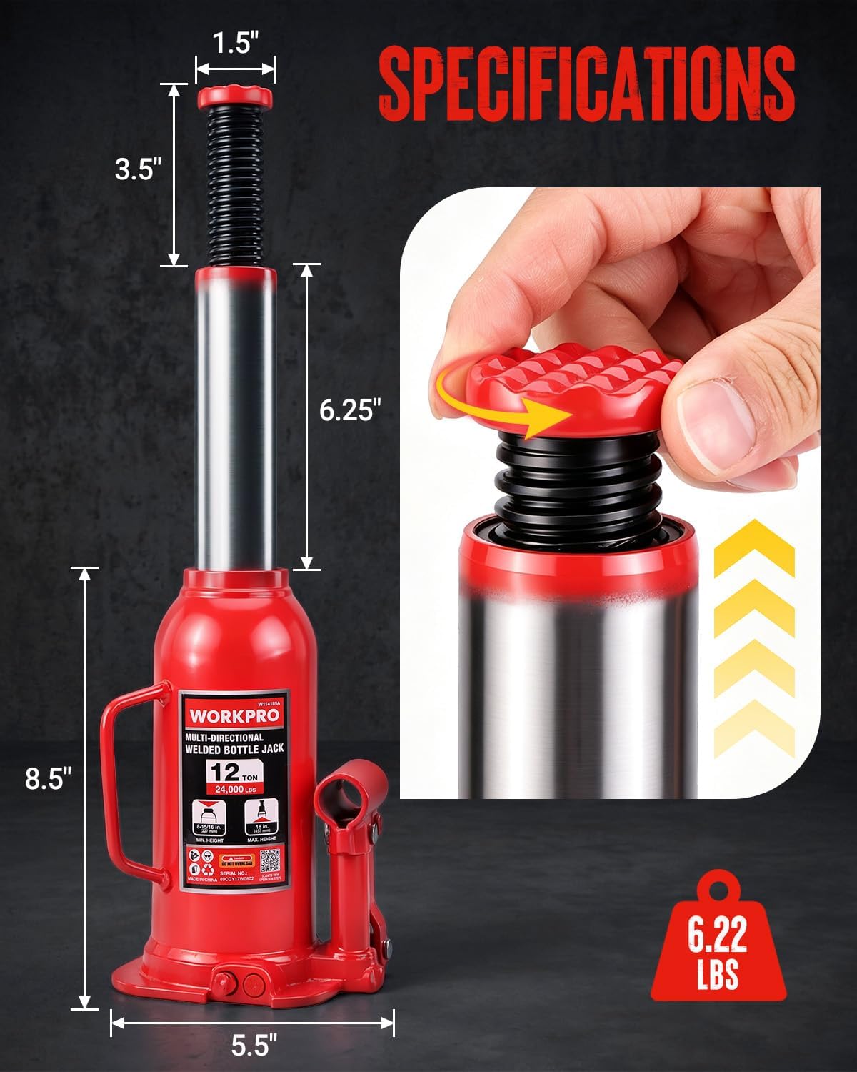 WORKPRO Bottle Jack, 12 Ton Heavy Duty Multi-Directional Welded Bottle Jack