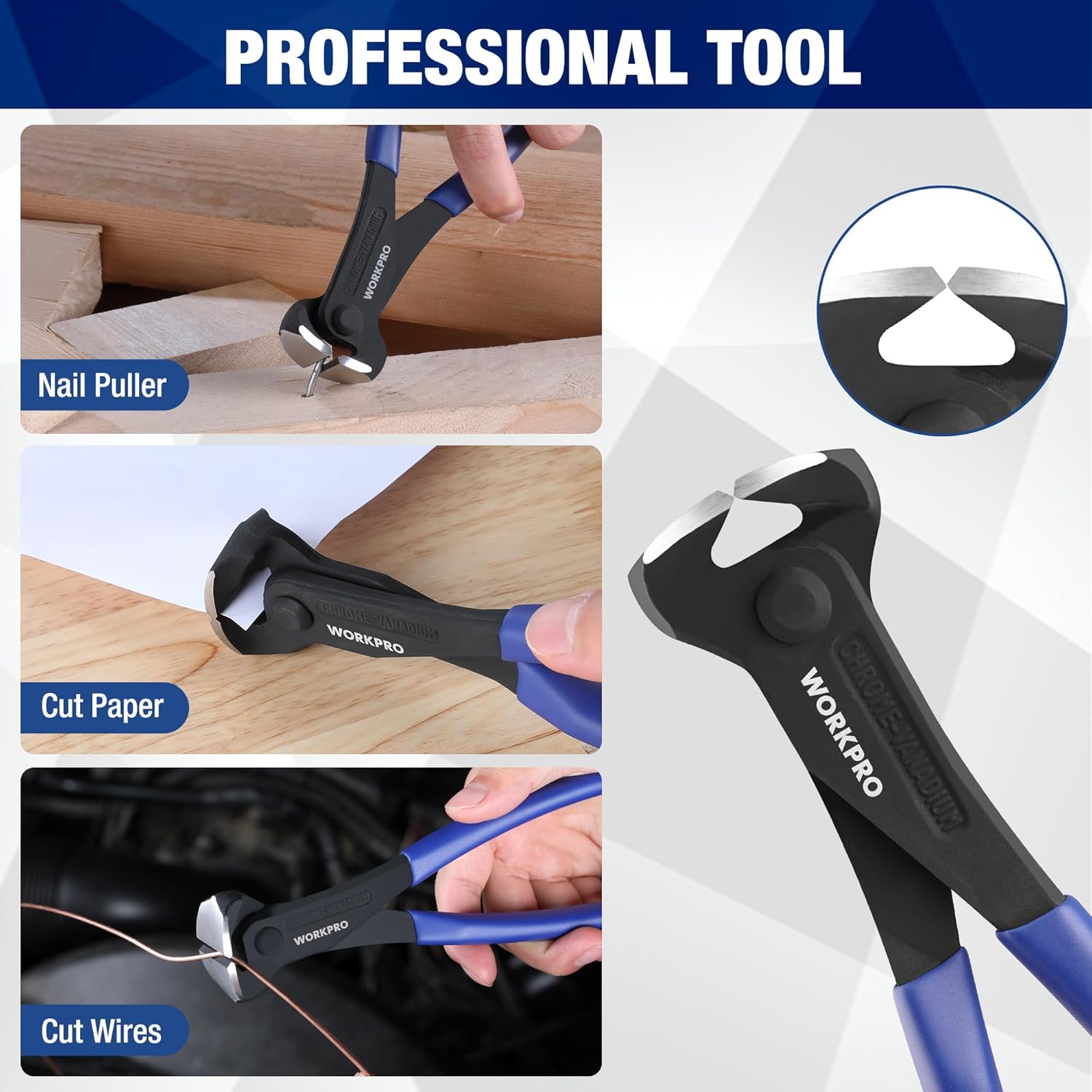 WORKPRO nail puller pliers with black hook jaw and blue handles for pulling nails