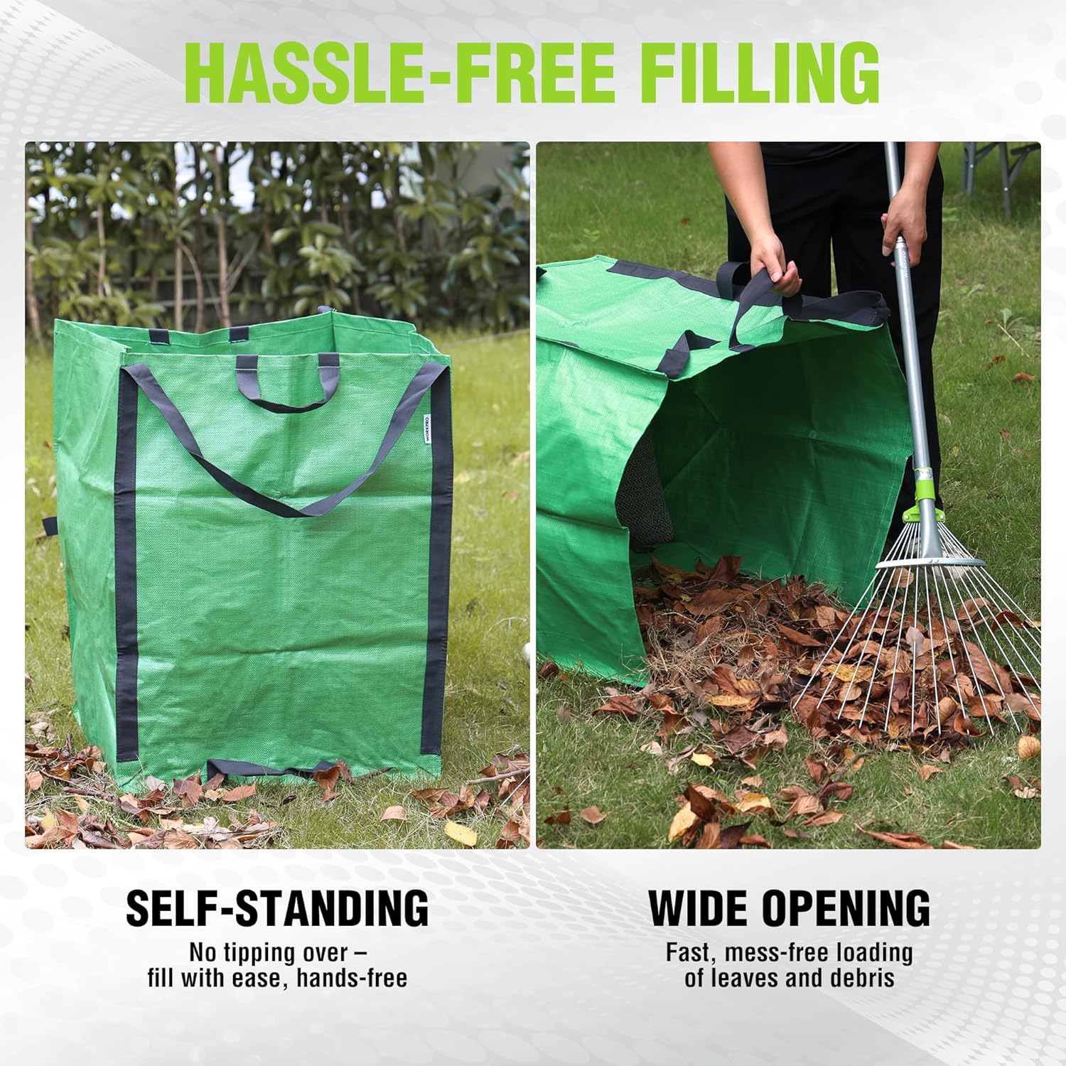Self-standing green yard waste bag with wide open top for easy leaf debris filling