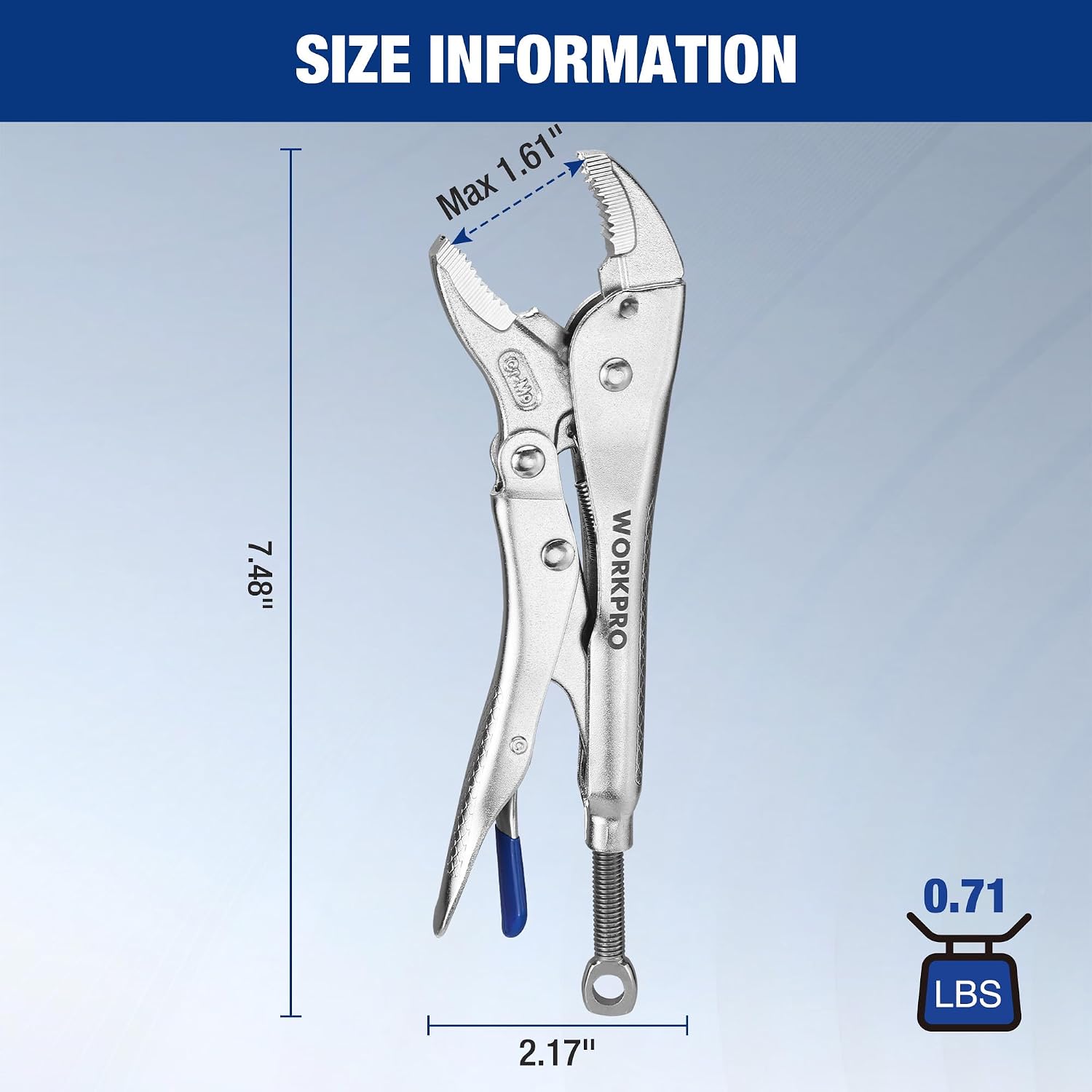 WORKPRO locking pliers size with curved jaws, blue handle, and threaded screw extractor