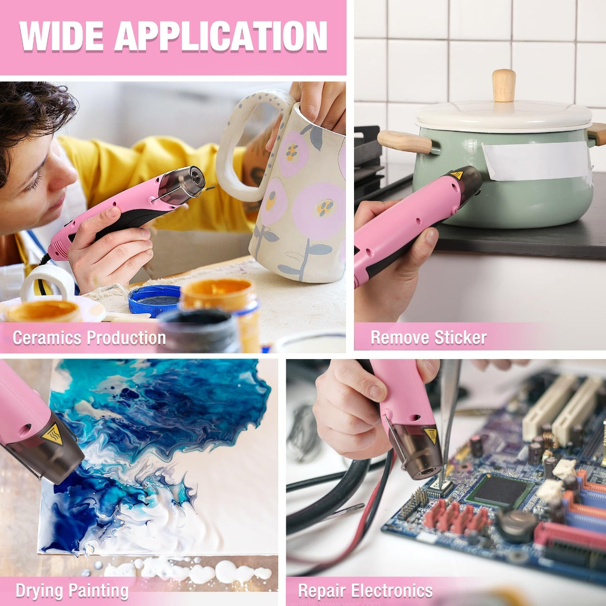 Pink hot air gun being used for crafts and electronics repair with reflector nozzle