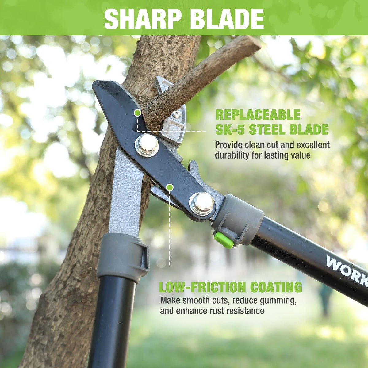 WORKPRO lopper blade area with replaceable blade and low-friction coating