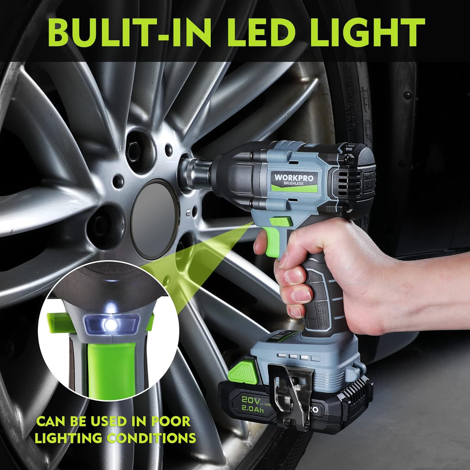 WORKPRO cordless impact wrench with built-in LED light, shown beside a wheel