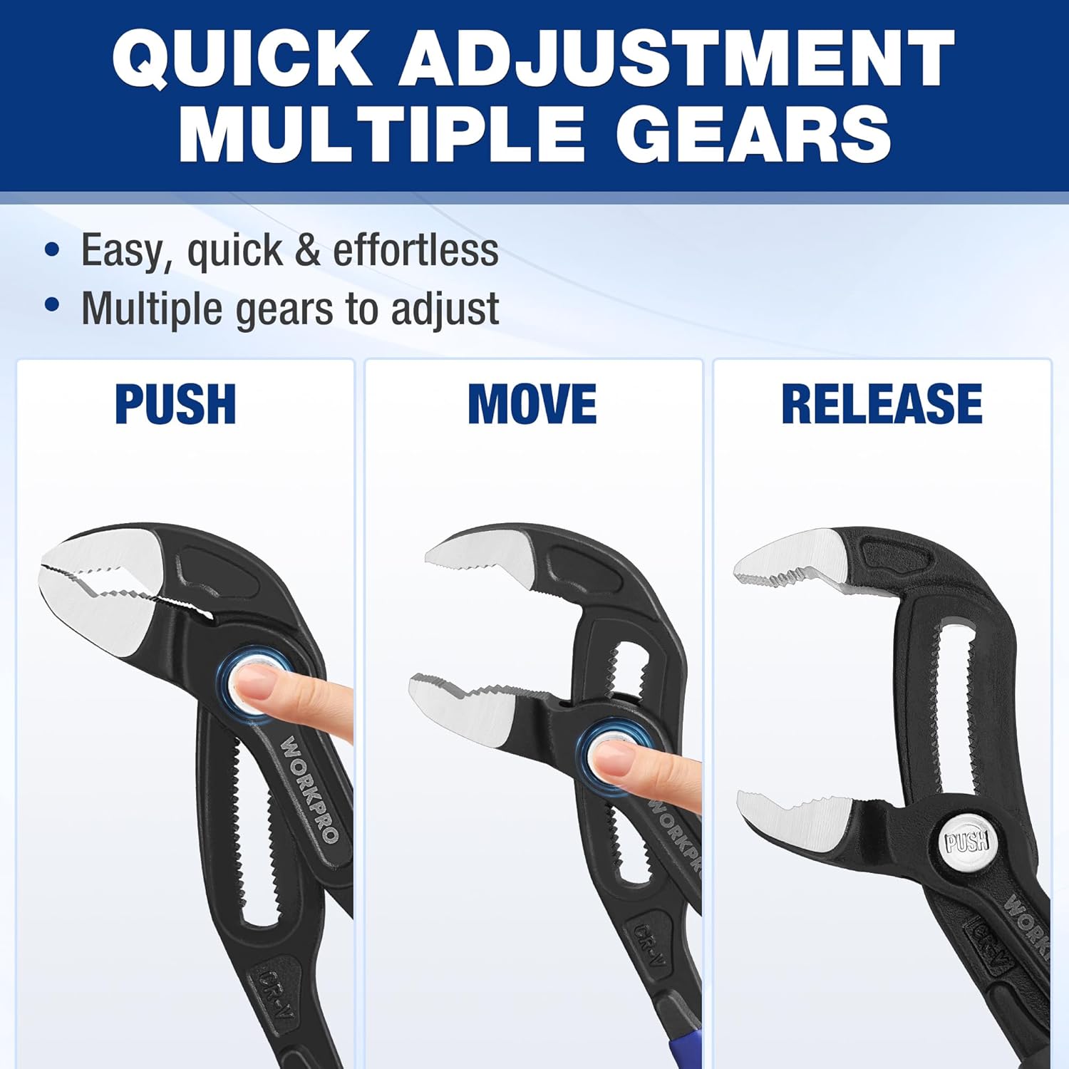 Quick-adjust water pump pliers with multiple gear settings, push-lock button, blue handles