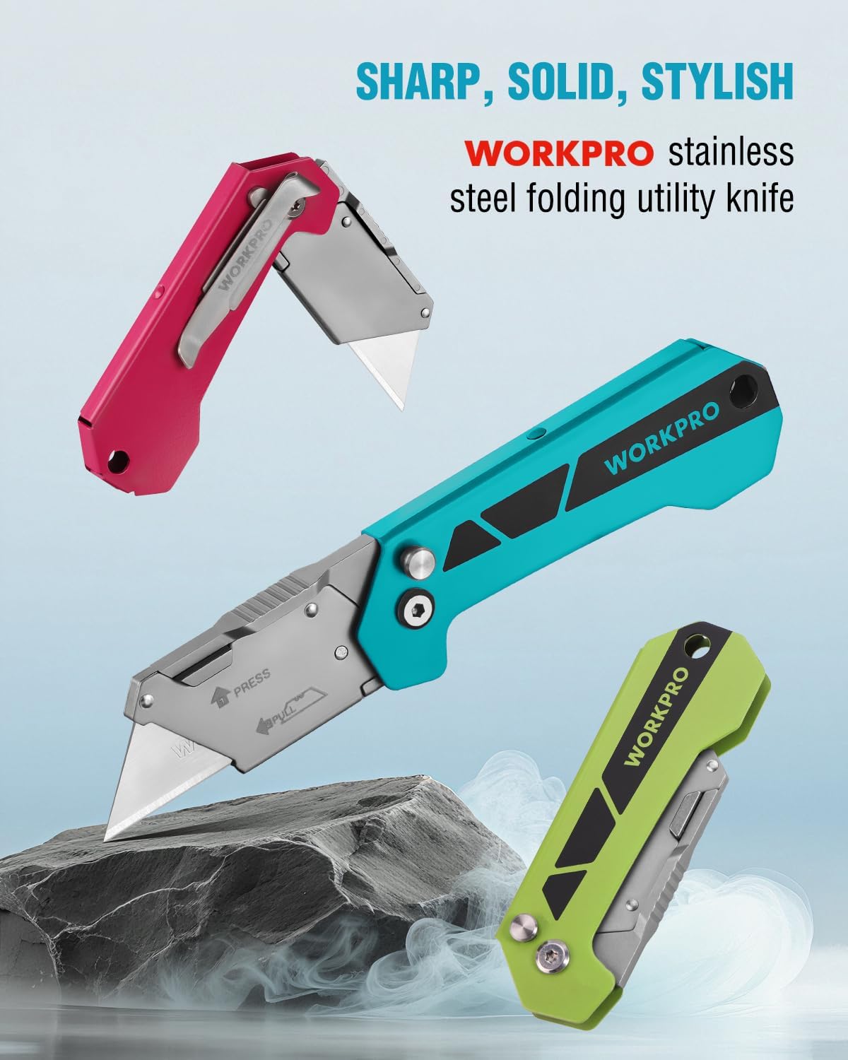 Folding utility knife with teal handle and stainless steel folding blade, axis lock