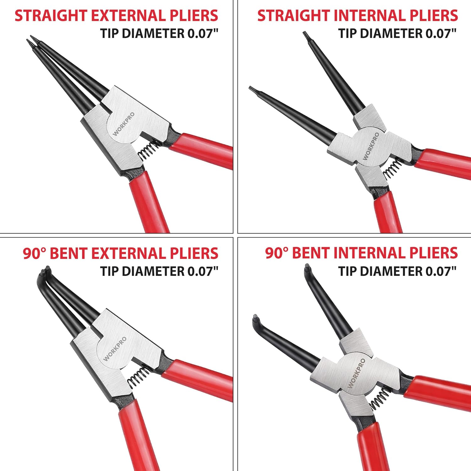 Snap ring pliers set with red handles, four straight and bent internal/external jaws