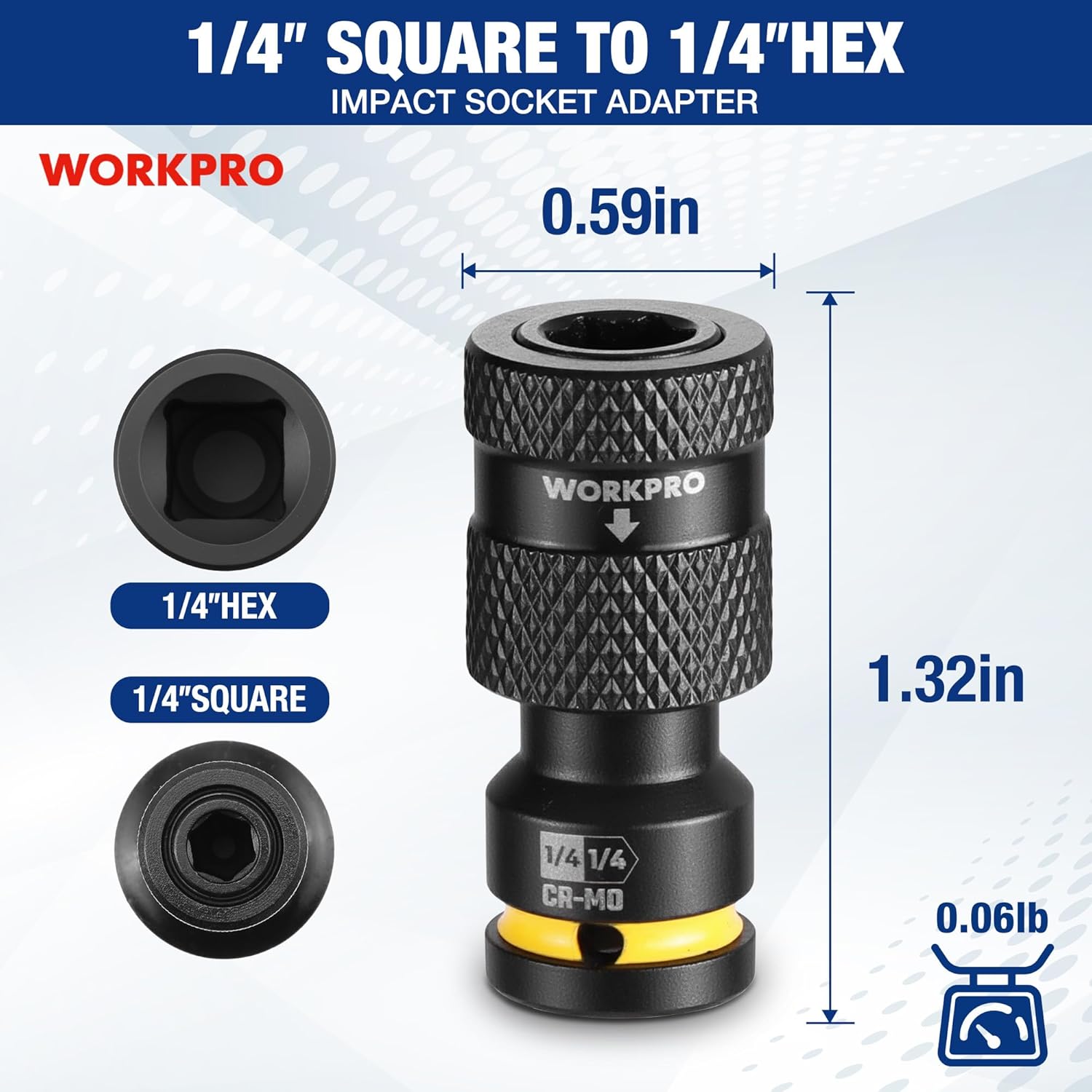CR-MO steel impact adapter, 1/4in square to 1/4in hex socket, black with yellow ring