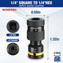 WORKPRO 1/4-inch Square to 1/4-inch Hex Quick Release Impact Socket Adapter and Bit Holder for Ratchet Wrenches, Drivers, Drills - Made from Durable CR-MO Steel