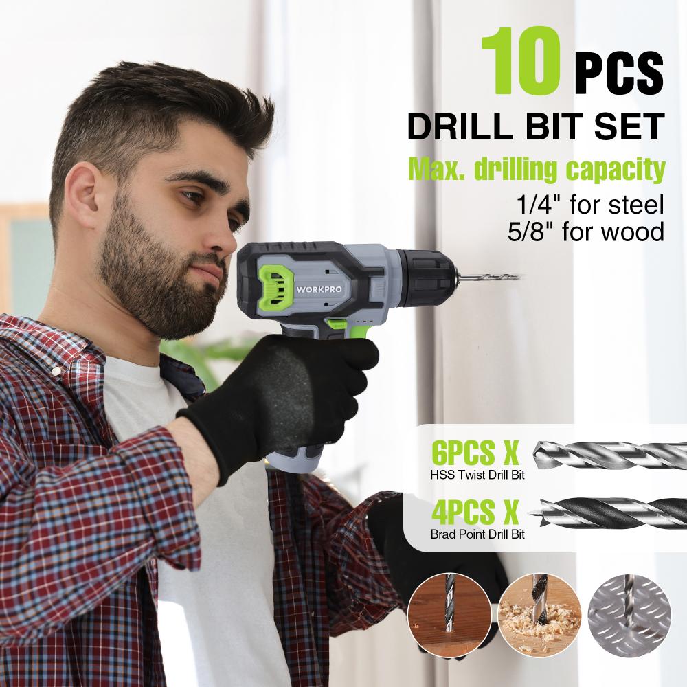 Cordless drill driver with green grip and attached drill bit held for drilling