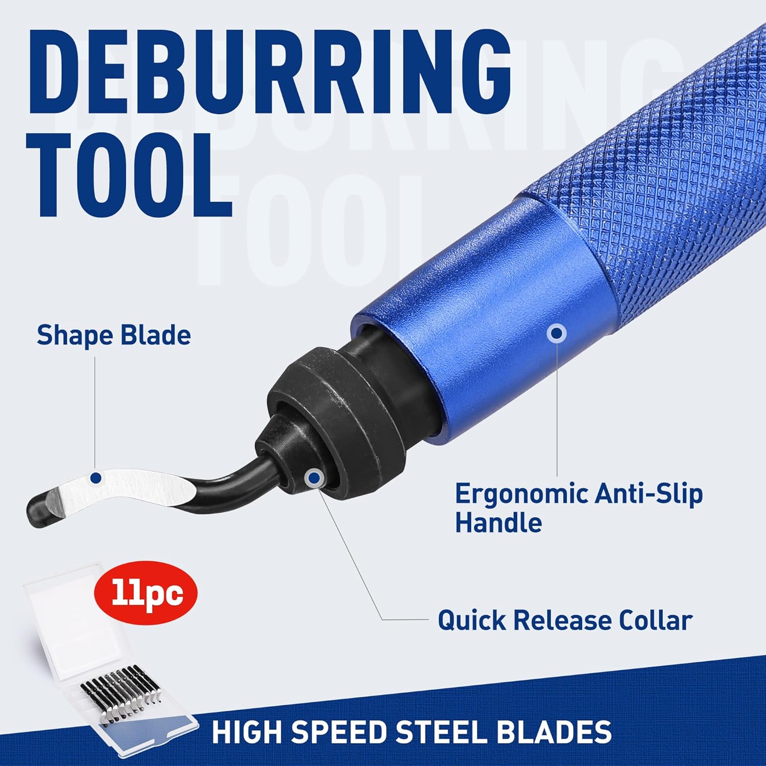 Rotary deburring tool handle with textured blue grip, black collar, and curved blade