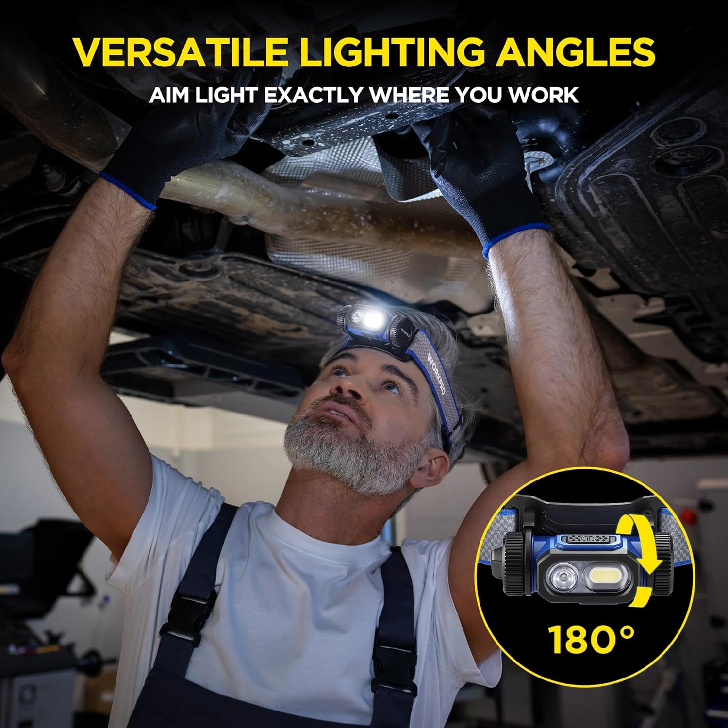 Blue headlamp worn by a mechanic, LED shining toward overhead work area