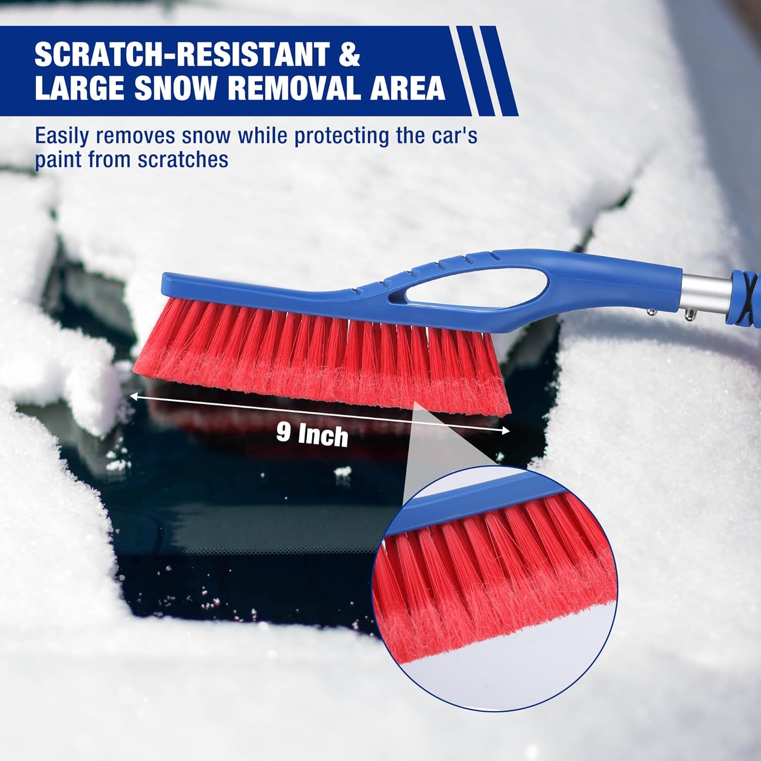 9-inch snow brush with red bristles and blue handle, with detachable ice scraper